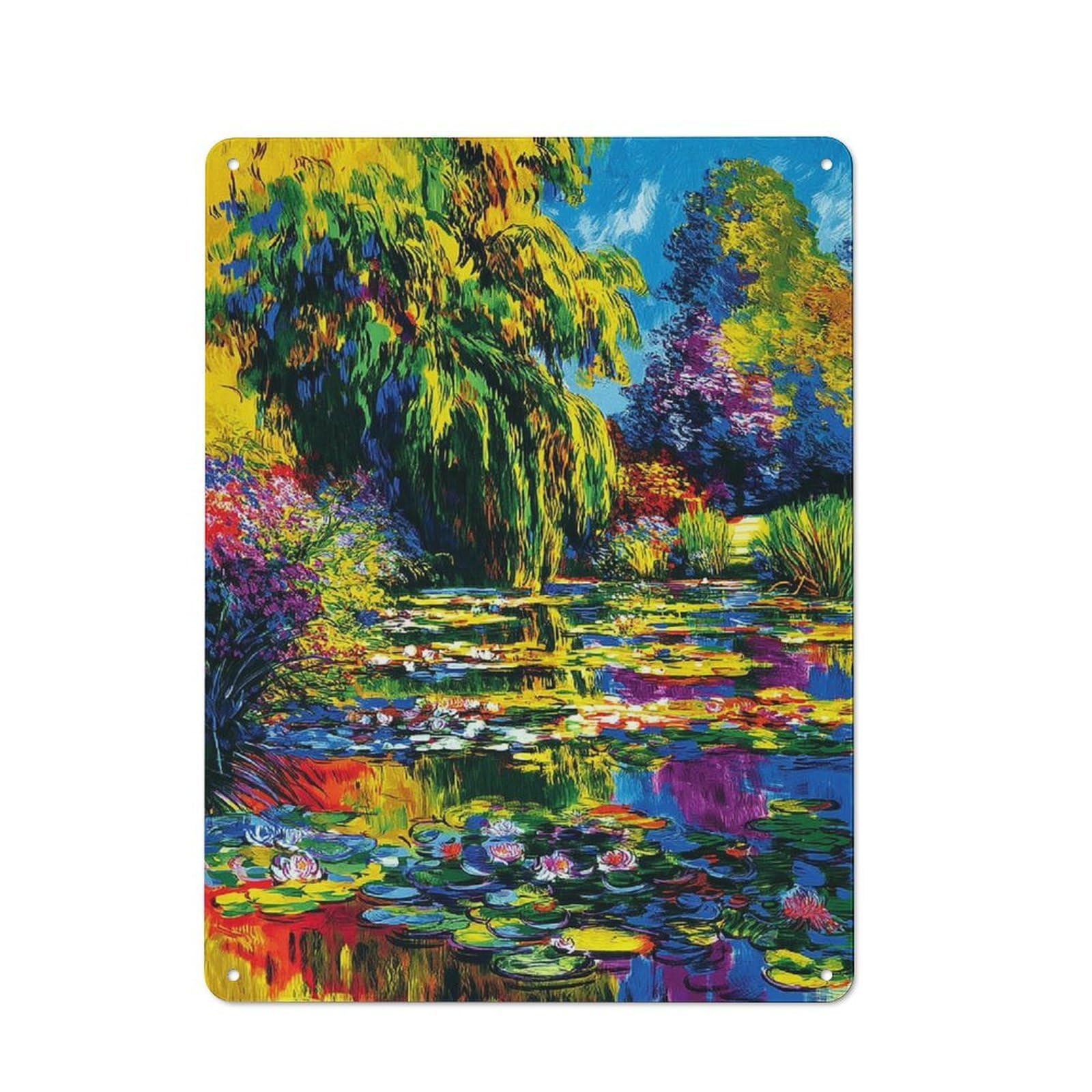 Junmoney Colorful Garden Pond Painting Retro Metal Sign 40X30cm For Living Room Or Hallway, For Updating Living Room And Hallway After Moving