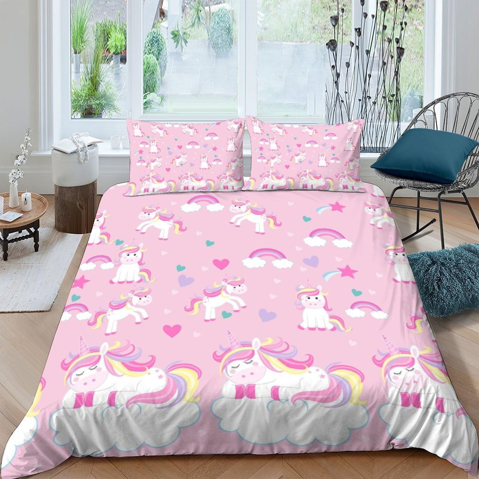 Ctjqhvkz Style-6 3D Printed Pink Unicorn Fitted Sheet Microfiber Anti-Slip Pastel Rainbow Bed Cover For Bedroom Guest Room Decor Single（135X200cm）