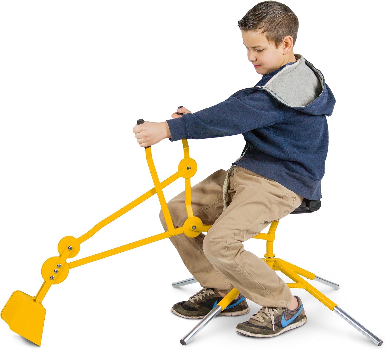 Digger Toy with Telescoping Adjustable Legs That Raise Seat Height and Stabilize Backhoe for Digging (Yellow)