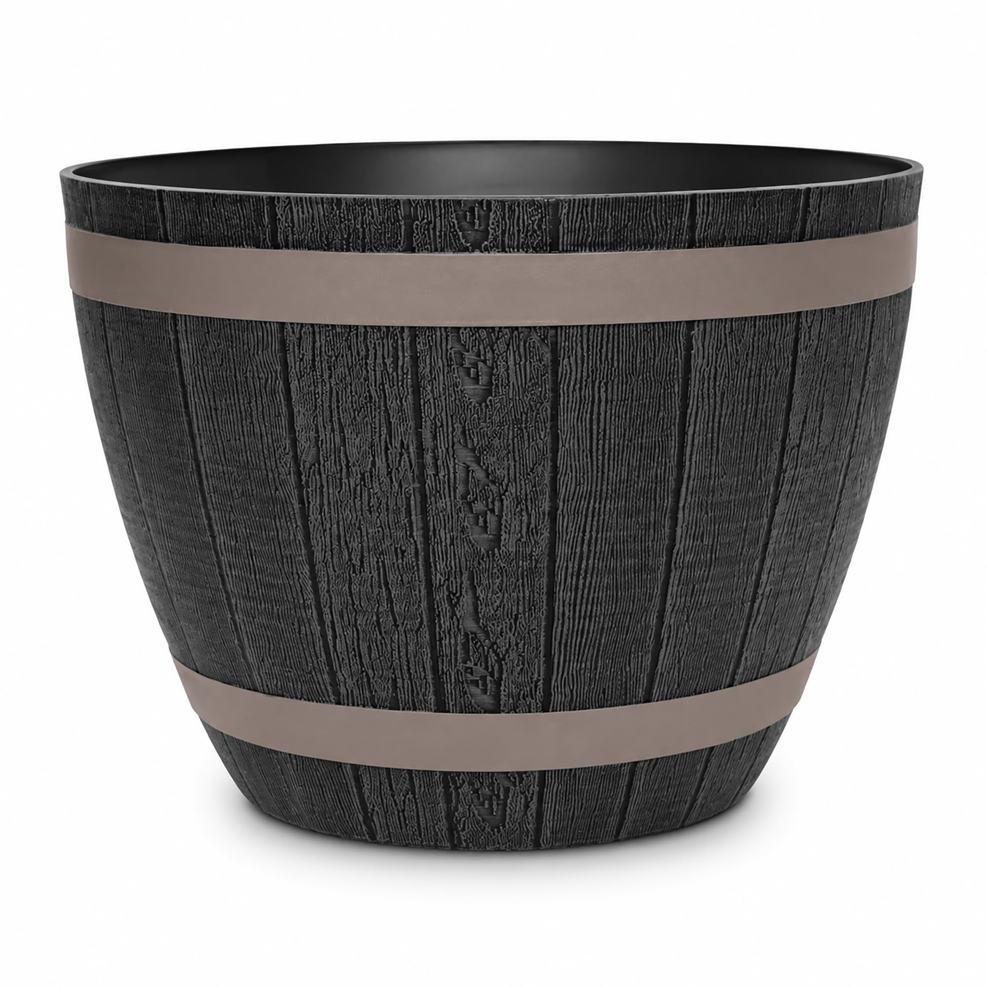 simpa Rustic Style Dark Grey Plastic Half Barrel Cask Planters 51cm Diameter - Single Pot - Indoor & Outdoor Flower/Plant Pot.