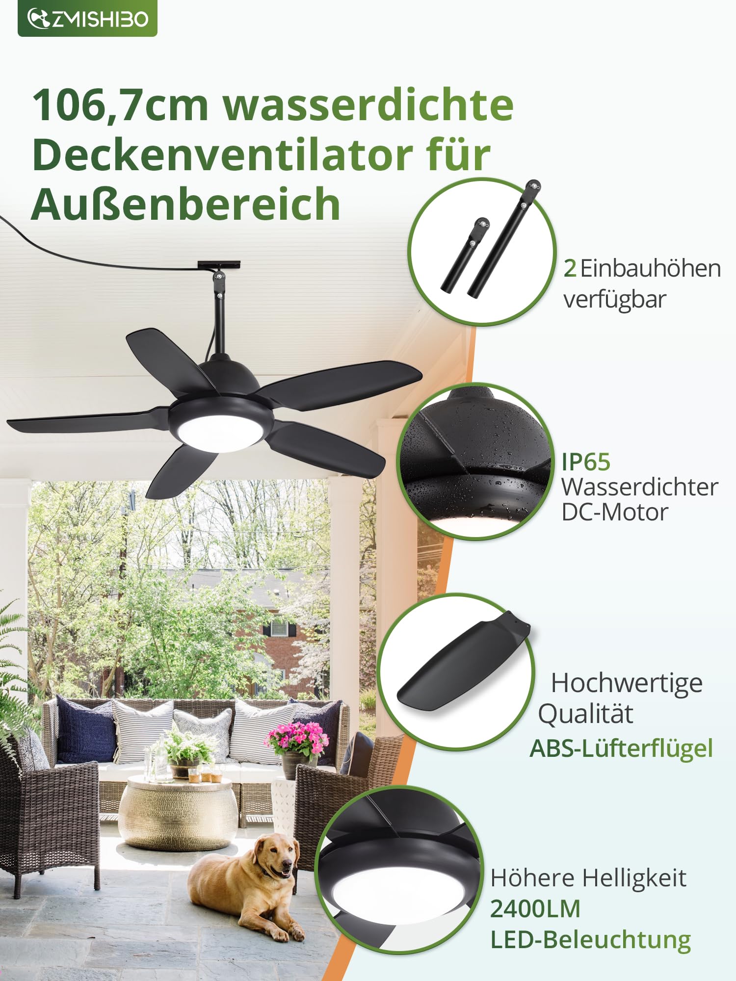 ZMISHIBO Deckenventilator 107 cm Wasserdicht mit LED-Licht, IP65 Outdoor Ventilator, DC-Motor 6 Stufen, 3CCT, Hängender Ventilator mit Fernbedienung, Schwarz