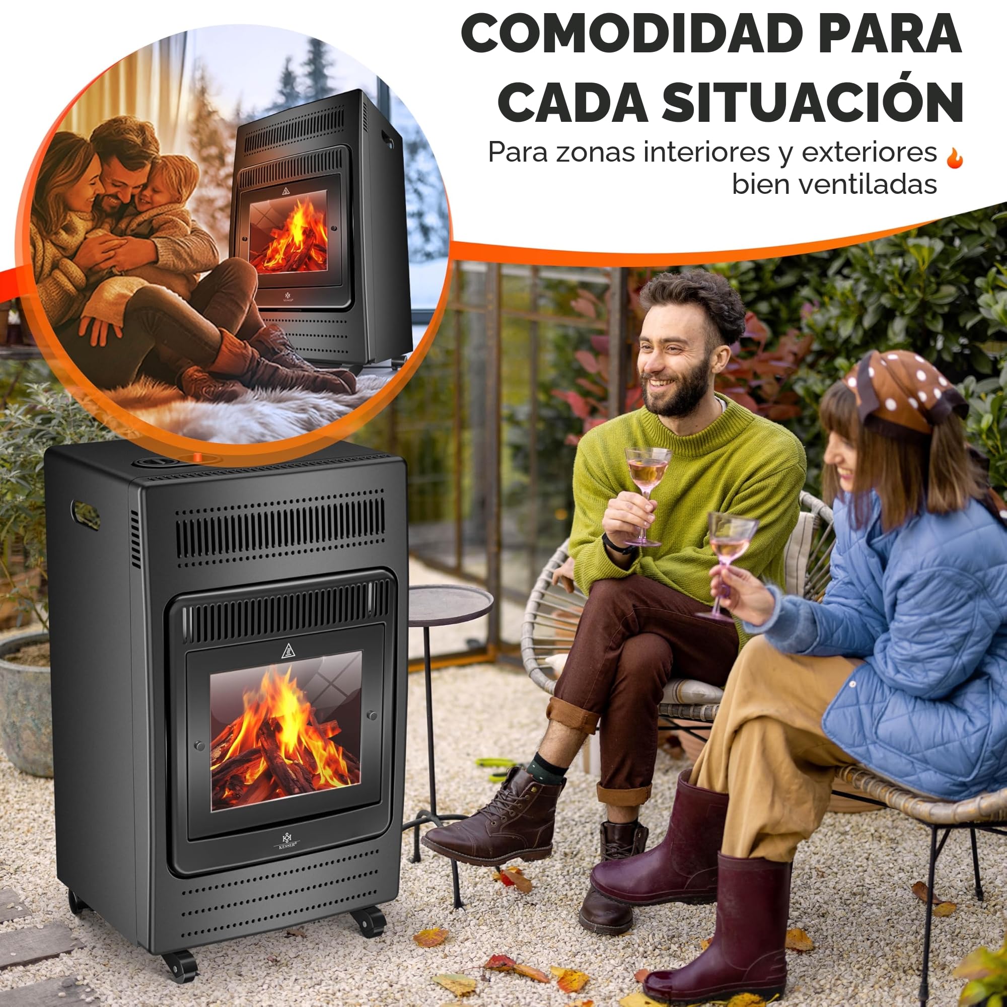 KESSER® Calentador de gas, calentador radiante 3,4 kW, chimenea de gas incl. regulador de presión de gas y manguera de gas, infrarrojo 3400W, calentador radiante de gas, botellas de gas butano, negro