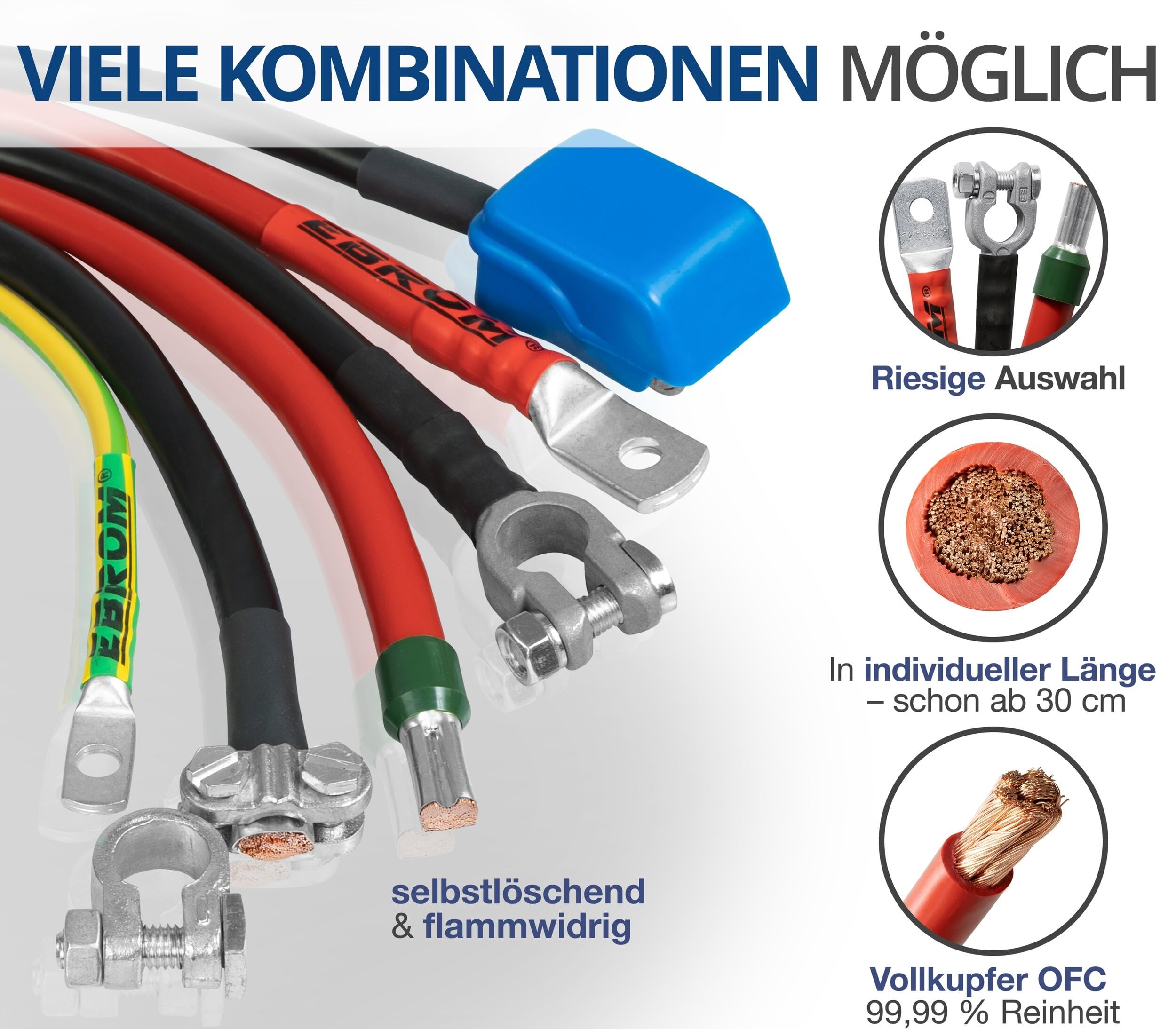 EBROM FLY Cavo batteria per auto, 50 mm², nero, pronto da 30 cm a 10 m + occhielli/capicorda M8/M10/M12 50 mm2, a scelta: 50 mm2-40 cm, capicorda 2 x M10