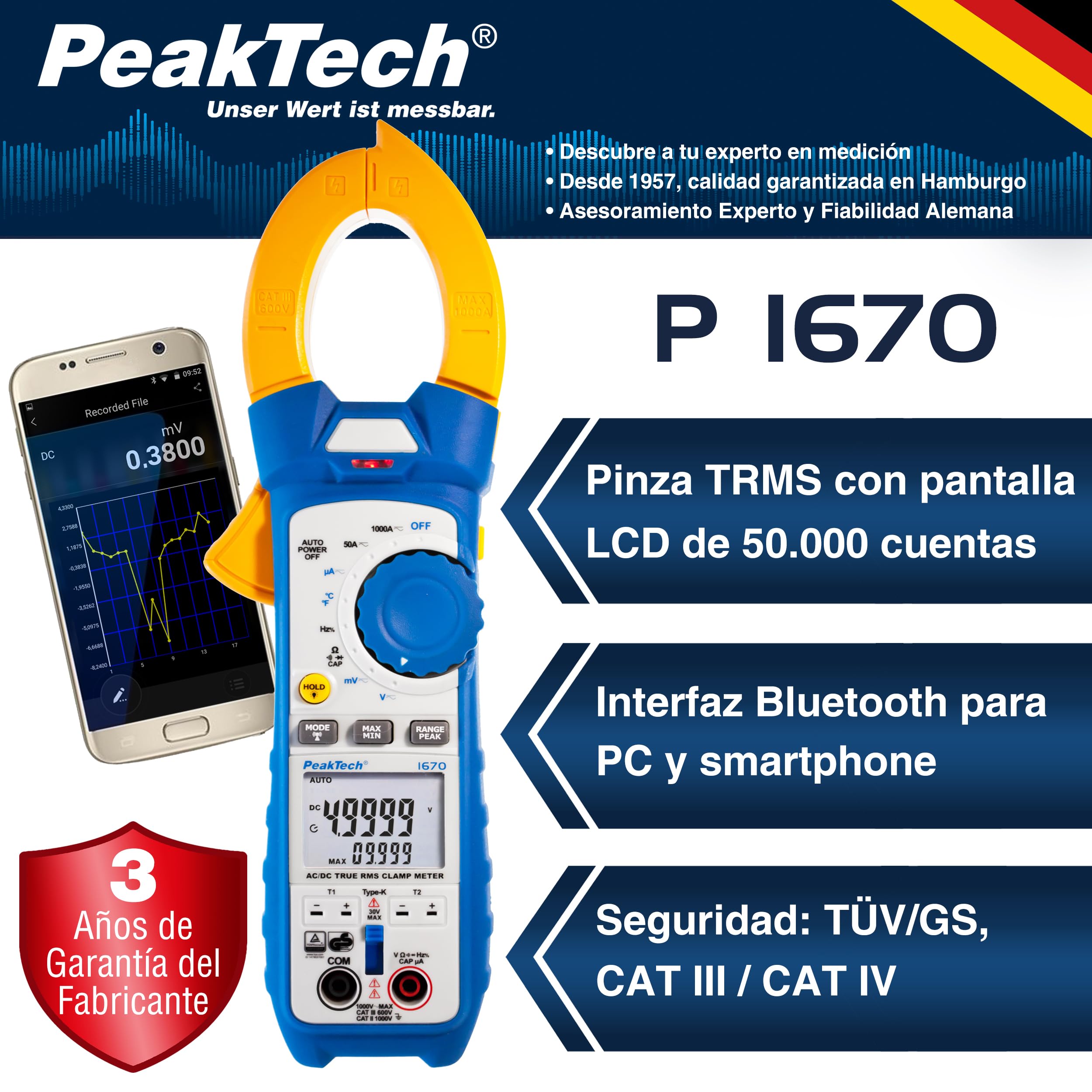 PeakTech 1670 Pinza Amperimétrica RMS 4.0 Bluetooth 1000A AC/DC 50000 Cuentas Multímetro