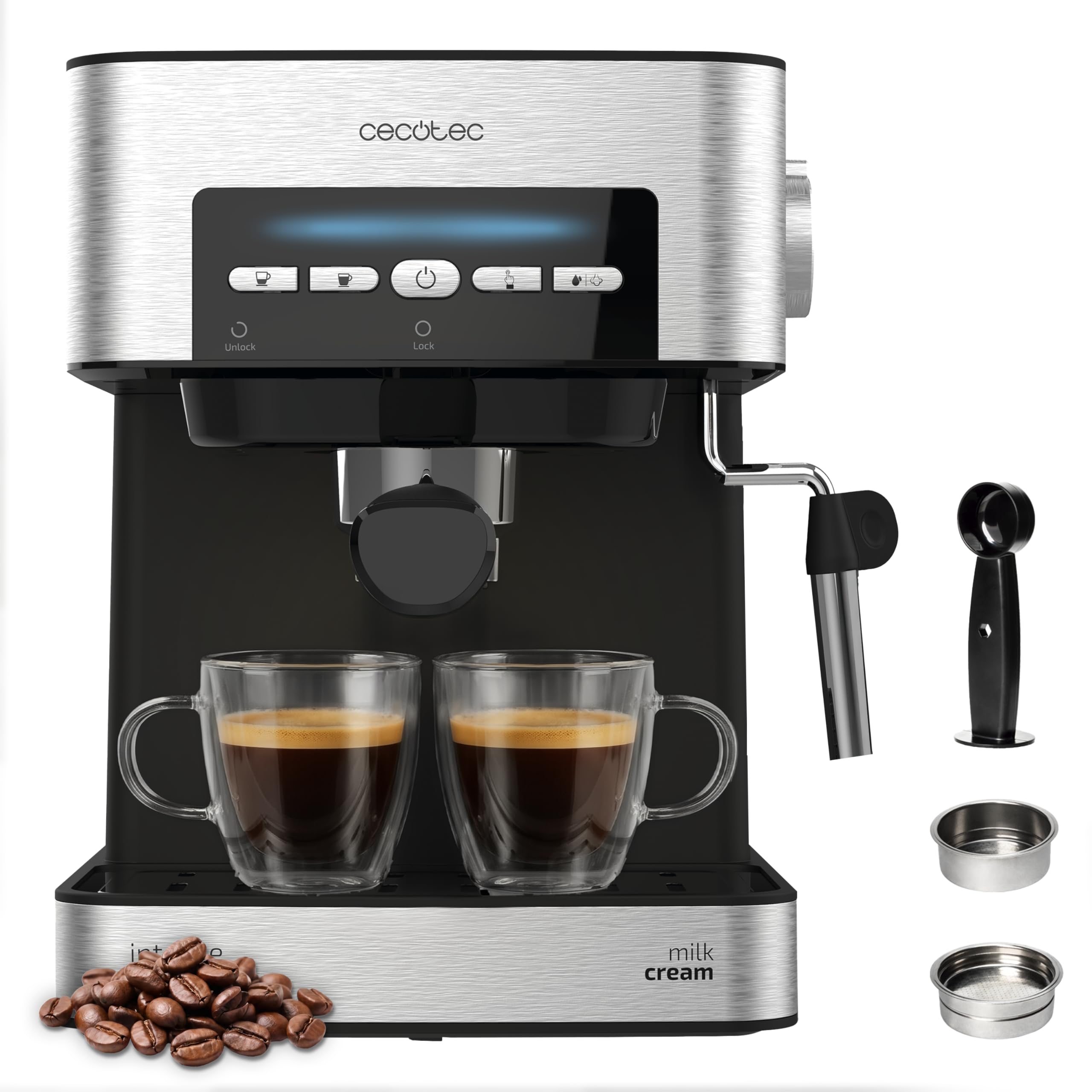 Cecotec Siebträgermaschine Power Espresso 20 Matic Elite, 850 W, 20 Bar ForceAroma, EasyTouch Steuerung, Automatik-Modus, schwenkbarer Milchaufschäumer, 1,5 L Tank, Tassenwärmer