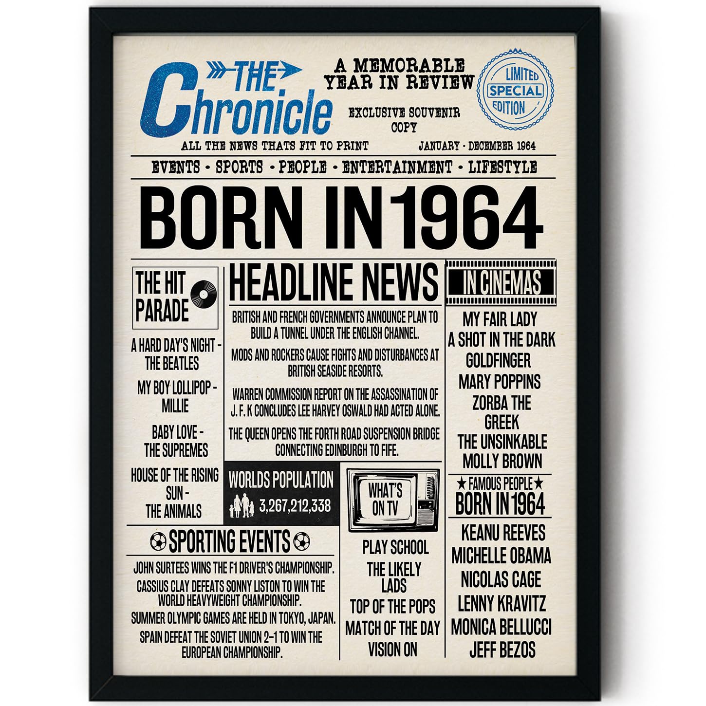 Stuff4 Men's 1964 62Nd Birthday Poster Framed - Born In Newspaper - Happy 62Nd Birthday Gifts For Wo Vintage Retro Back In 8X10 Inch Bday Party Decor Decoration