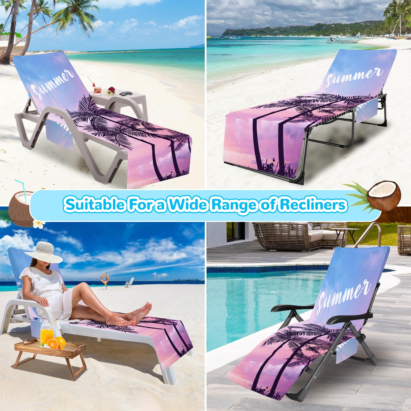 Cyiecw Funda para Tumbona de Felpa, Doble Cara Microfibra de Secado Rápido, 2 Bolsillos Laterales Toalla de Playa para Tumbonas Piscinas Playas y Jardines, 75x210cm (Summer)