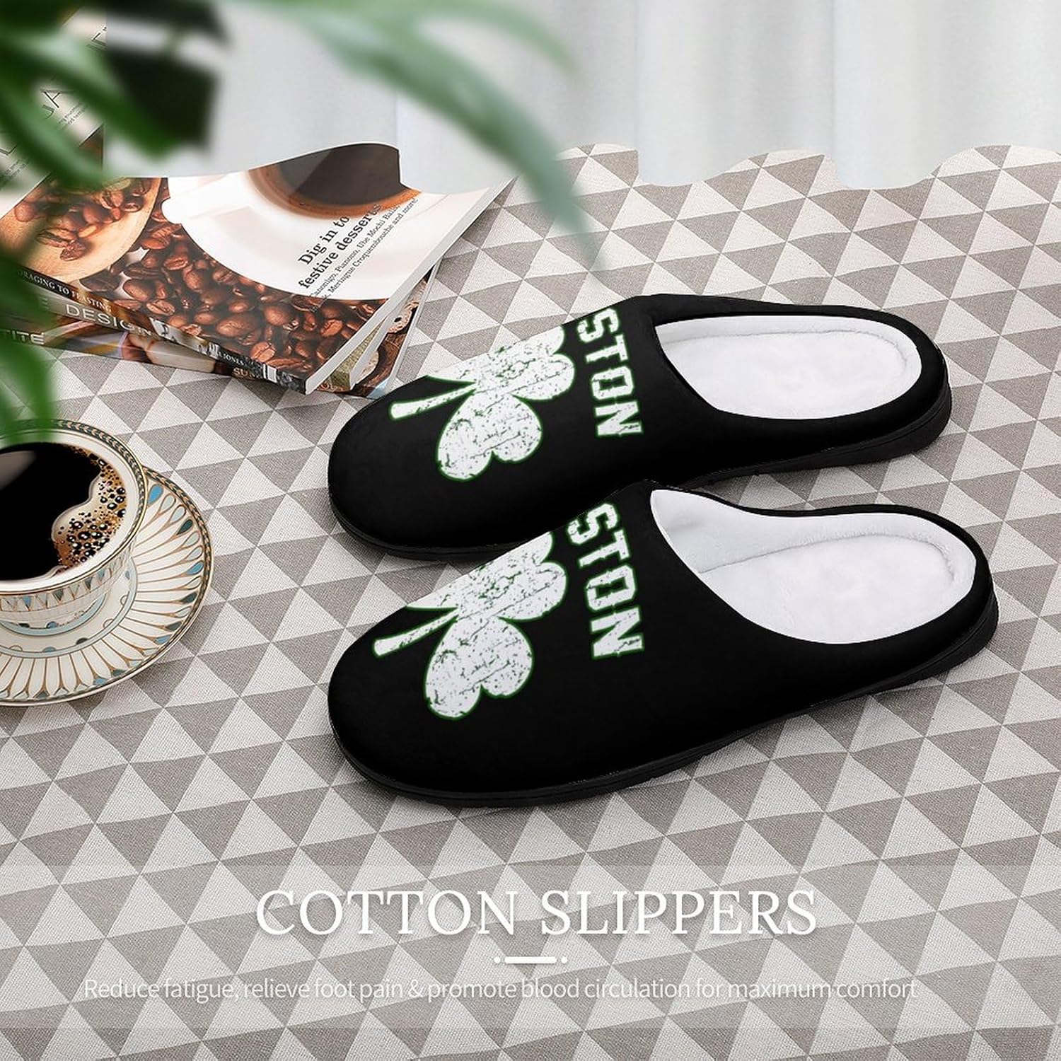 Boston Shamrocks Women's House Slippers Memory Foam Warm Shoes Spa Rubber Sole Indoor Outdoor