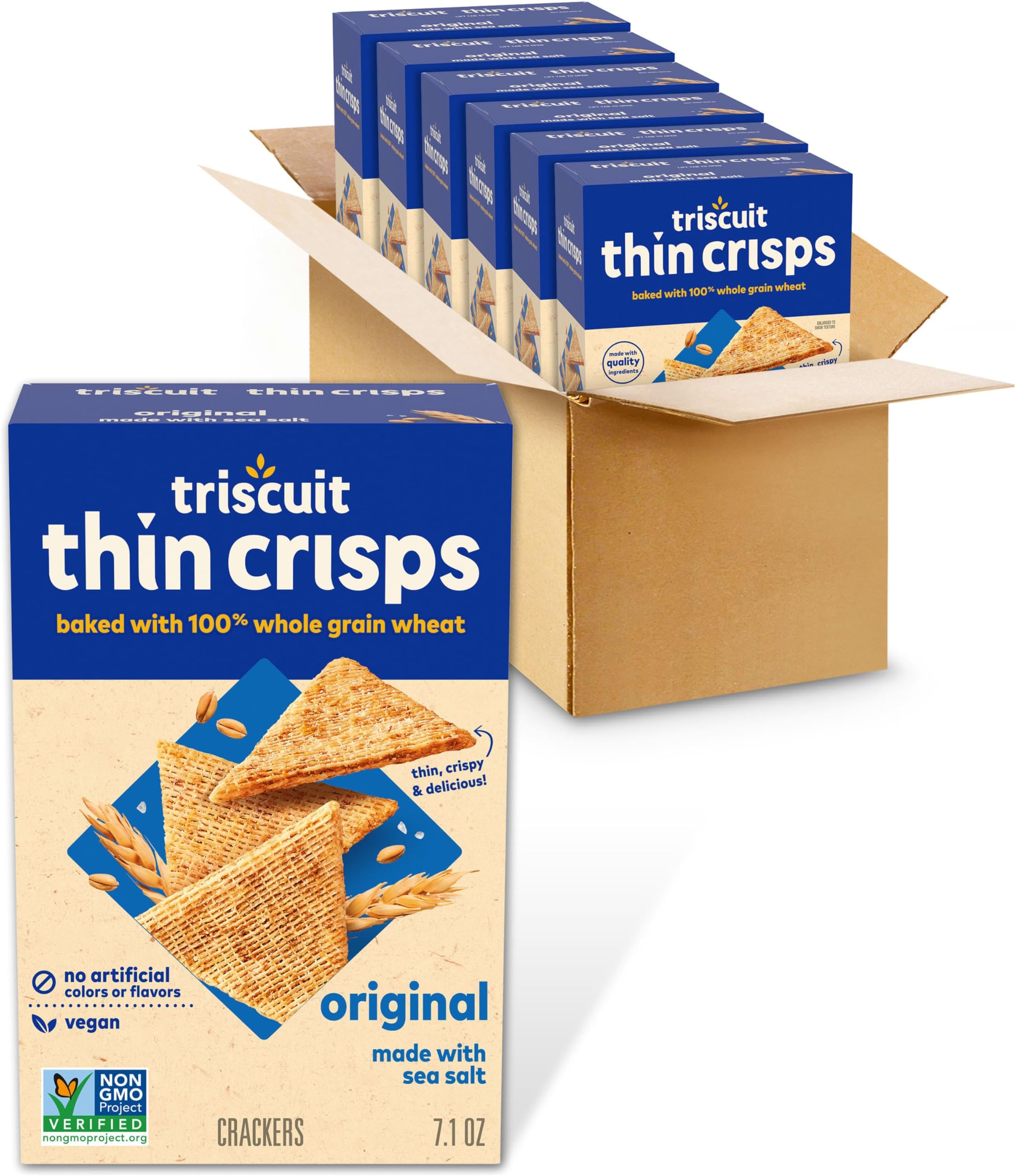 Thin Crisps Original Whole Grain Wheat Crackers, Vegan Crackers, 6-7.1 oz Boxes
