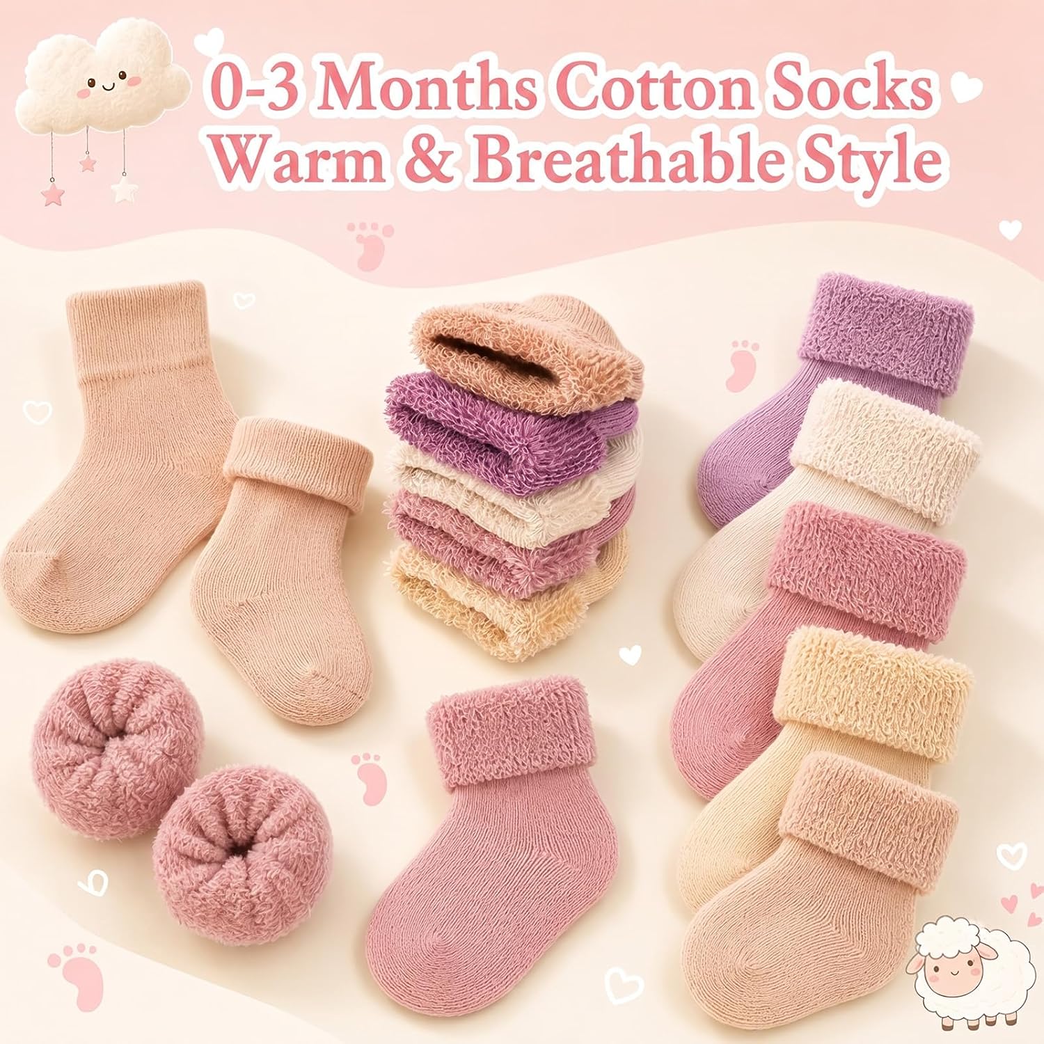 10 Pairs Newborn Preemie Baby Socks Terry Cotton Turn Cuff Socks for Newborn Infant Girls Boys 0-3 Months-Hospital NICU