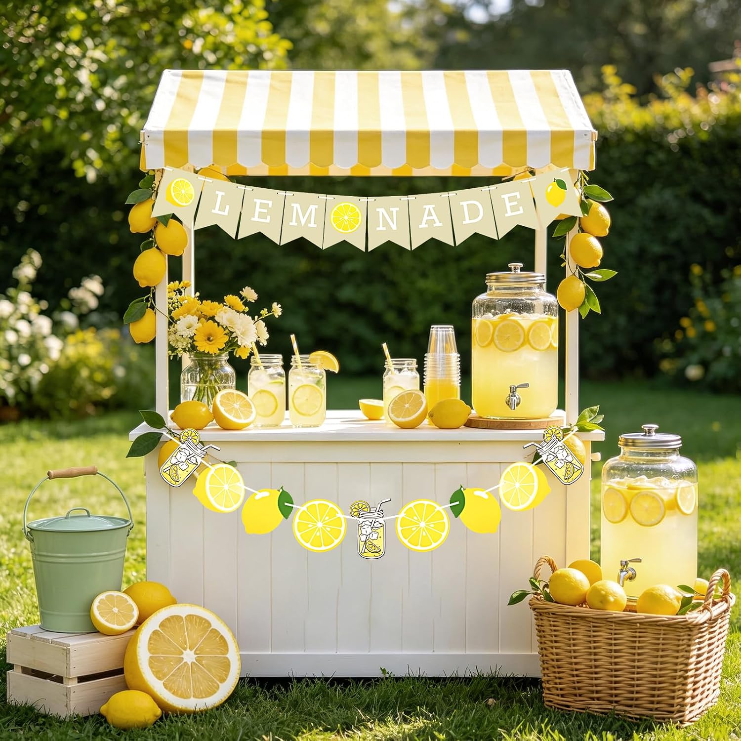 Lemonade Stand Banner for Kids– Rustic DIY Assembly Lemonade Stand Supplies, Cardstock Garland Decorations with Lemon Slices, Kids Lemonade Stand Sign for Summer Events