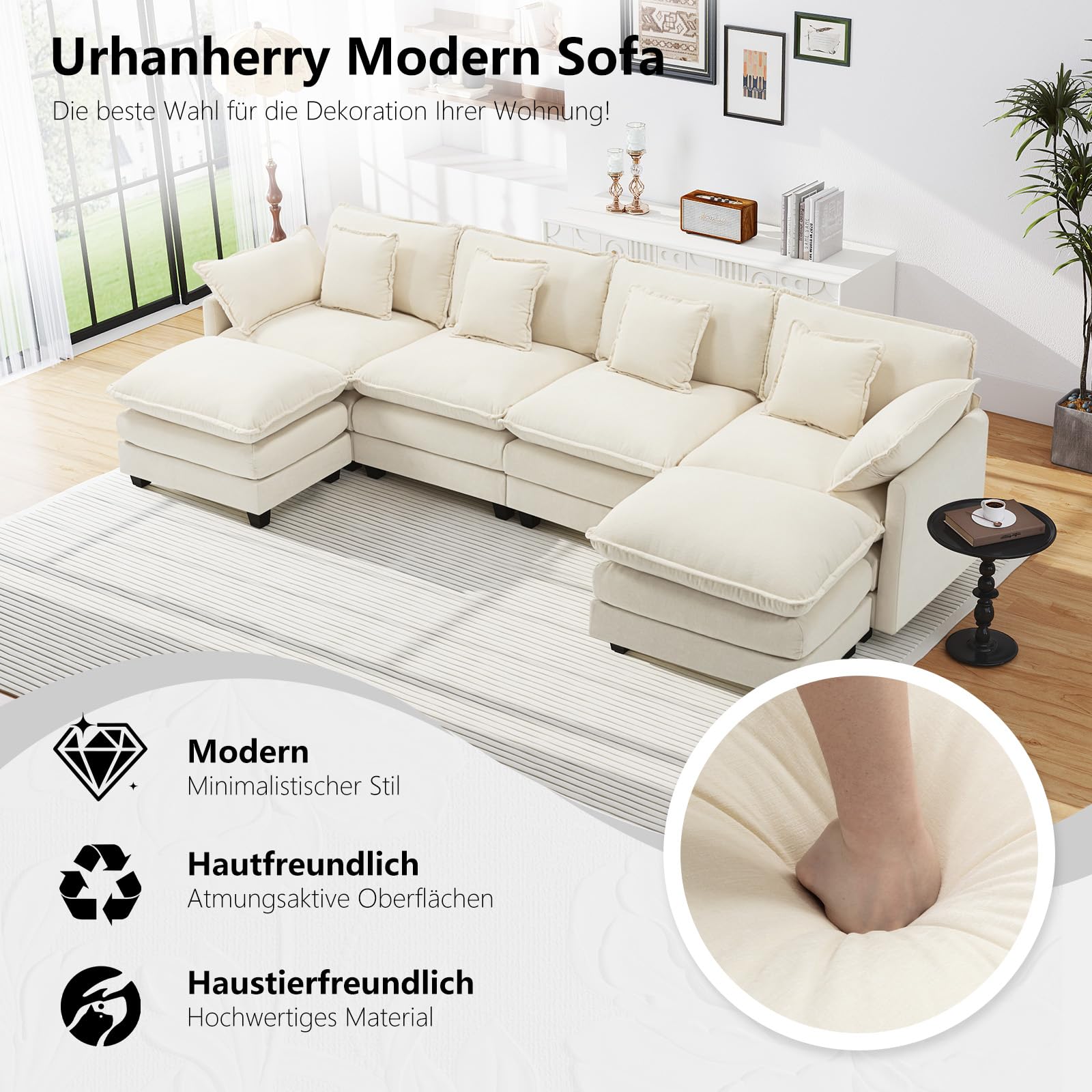 Urhanherry U-Form Cloud Sofa, Modulares Sektionssofa 6-Sitzer mit 2 Ottomanen, Modernes Sofa mit Dekokissen/Armlehnen, Atmungsaktivem Chenille-Stoff, U Sofa Couch für Wohnzimmer, Beige