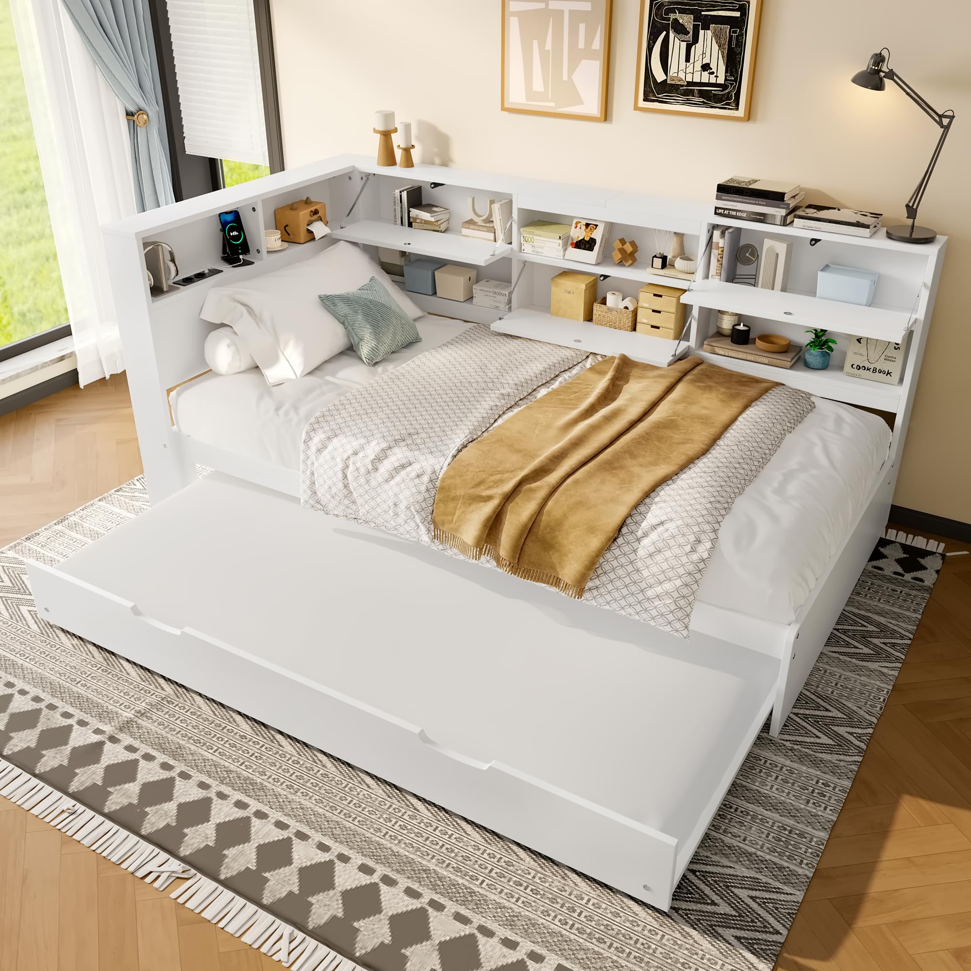 Divano letto, 90 x 200 cm, testiera con vano portaoggetti, letto estraibile, senza materasso, bianco