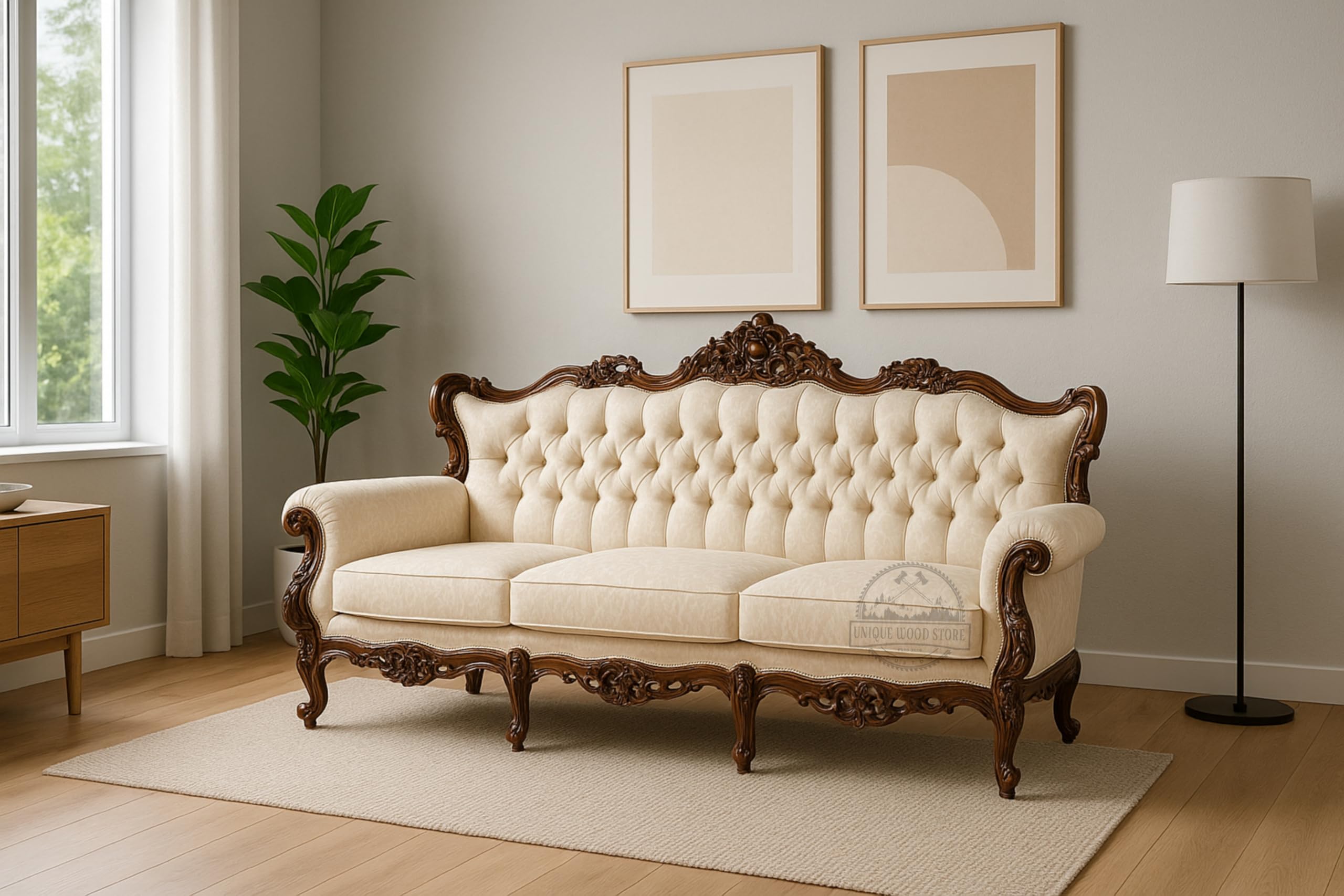 UNIQUE WOOD ART Luxury Classic Sofa Antique Victorian Carved Wooden Sofa – 3 Seater Tufted Cream Velvet Couch for Living Room Carved Wood Frame, Cream Velvet Upholstery-picture-13