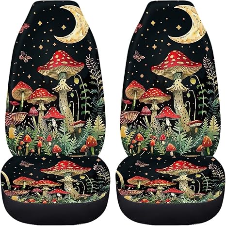 BIGCARJOB Mushroom Print Car Seat Cover Set for Front Seat Only,Moon Star Mushroom Print Auto Front Seat Protector Full Set Car Interior Accessories,Universal Fit