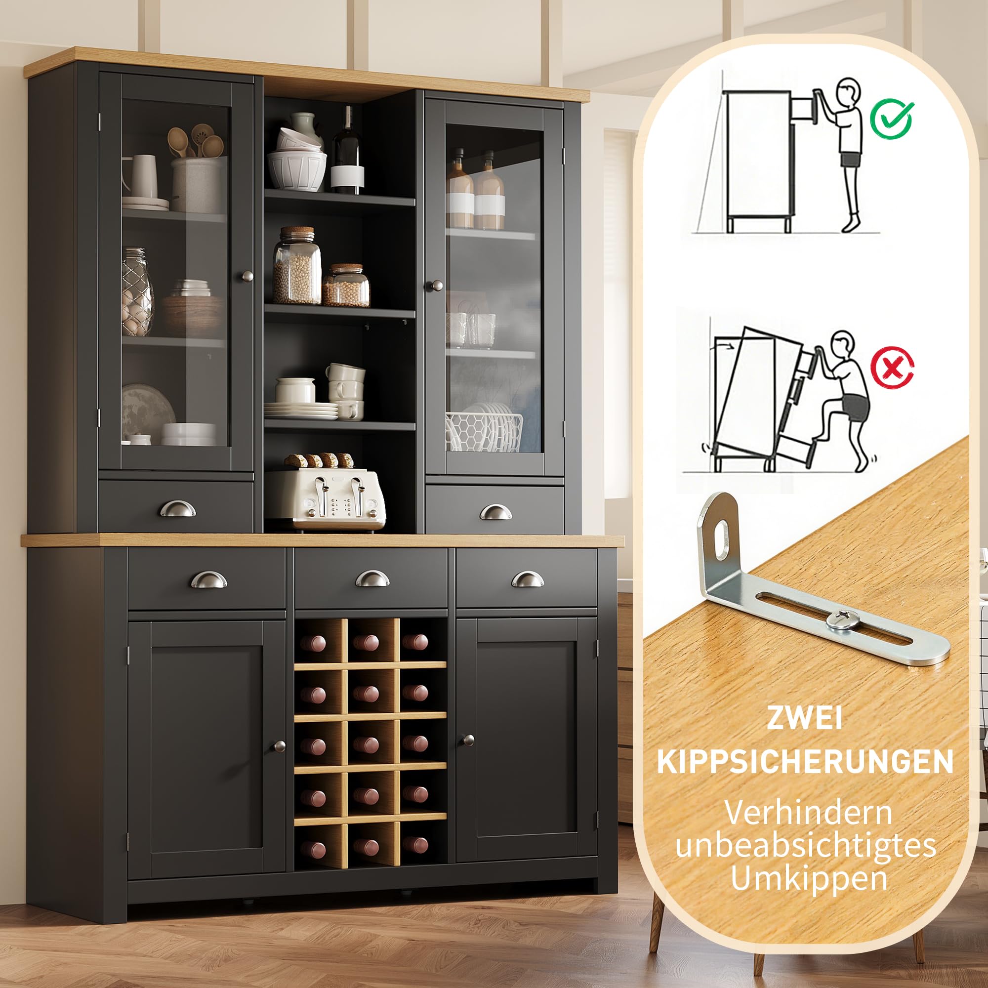Küchenschrank mit Arbeitsplatte, Buffetschrank mit Herausnehmbares Weinregal, Küchenhochschrank mit Kippschutz, Soft-Close-Funktion, Mehrzweck-Hochschrank für Küche und Wohnzimmer, Schwarz