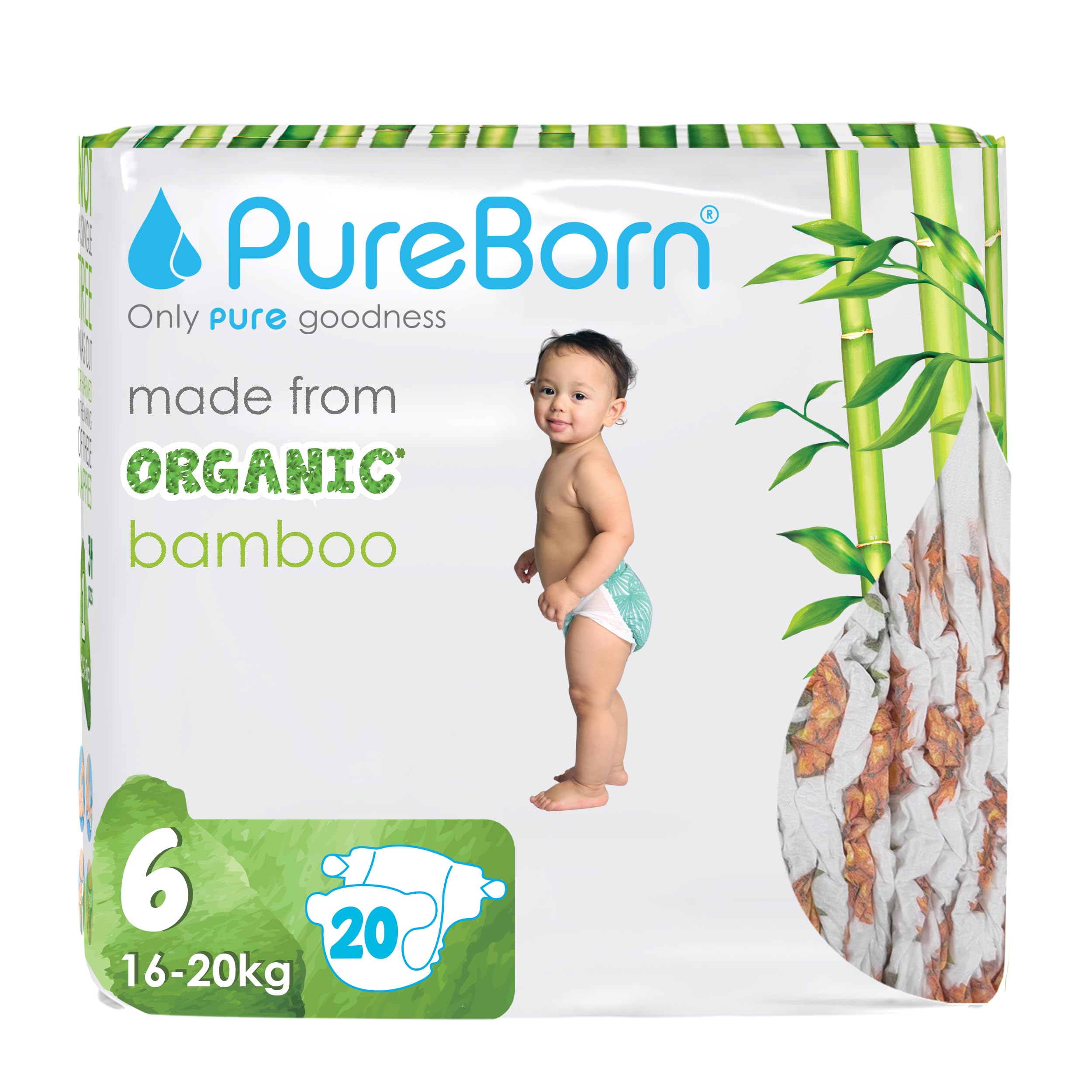 PureBorn Nappies Pure Organic Bamboo Nappies – Nappies Size 6 Hypoallergenic 20 - Nappies Ultra Soft (16-20 kg) 100% Plant Based Eco Friendly Assorted Print