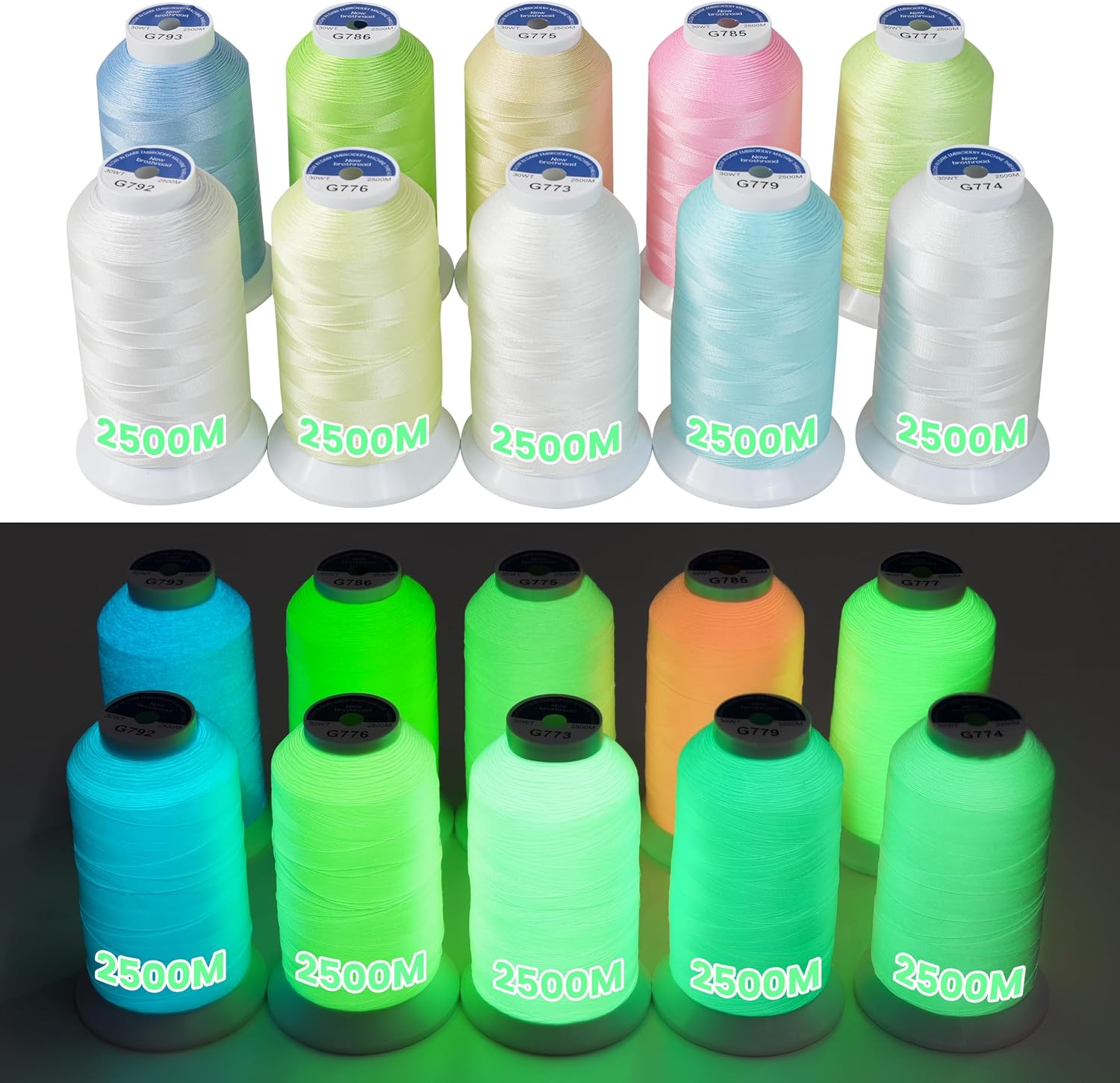 New brothread 10 Assorted Colors Luminary Glow in The Dark Embroidery Machine Thread Kit 30WT 2500M(2735Y) Each Spool for Embroidery, Quilting, Sewing