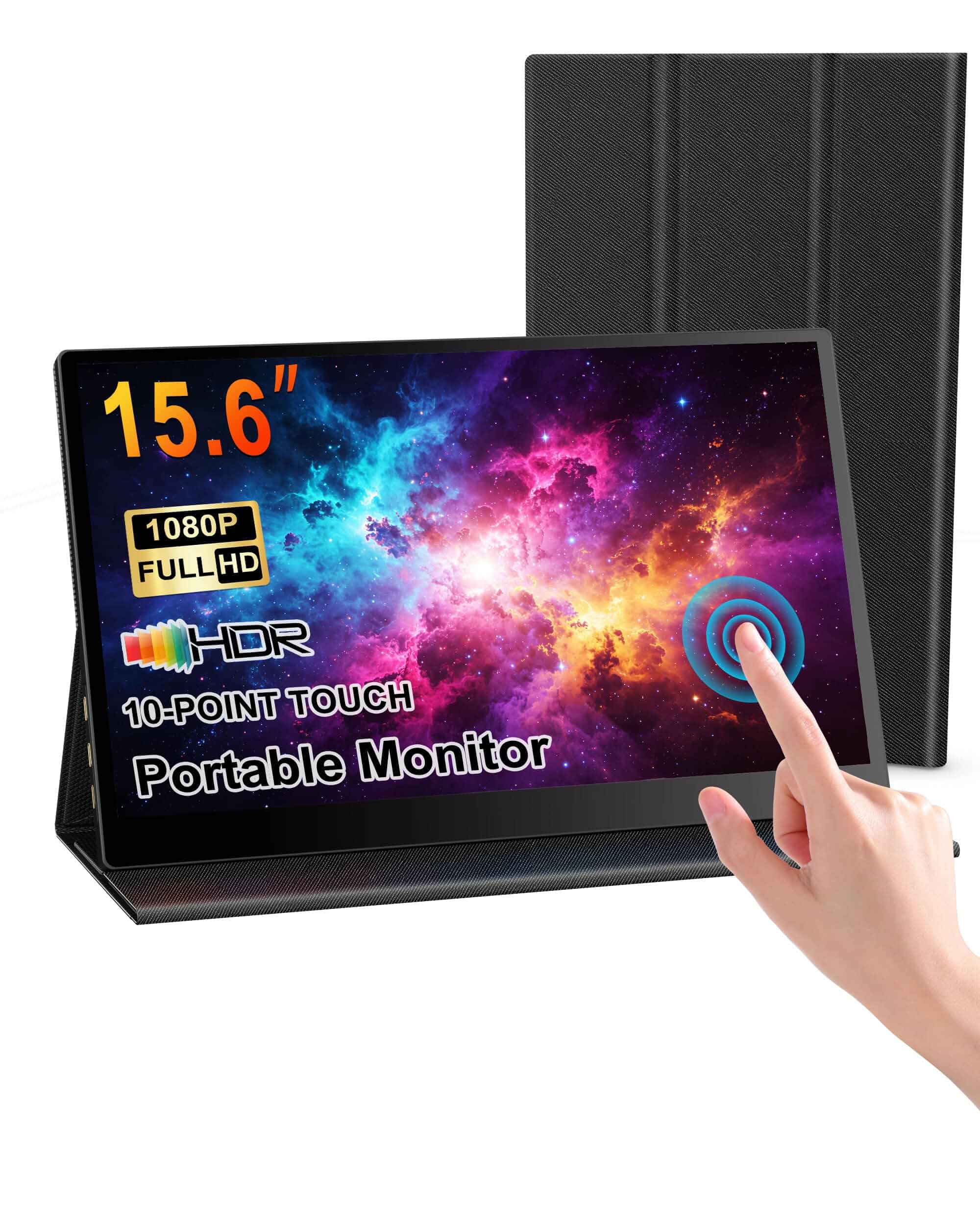 KOOFORWAY 15.6" FHD Portable Monitor Touchscreen for Laptop 10-Point Touch FHD IPS screen with dual speakers, protective case & stand. For Laptop PC Phone Gaming