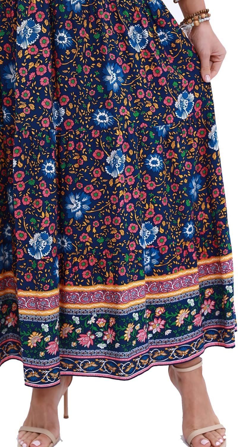 OSTOO Women's 2026 Summer Short Sleeves Boho Floral Print Tiered Casual Flowy Long Maxi Dress - Image 6