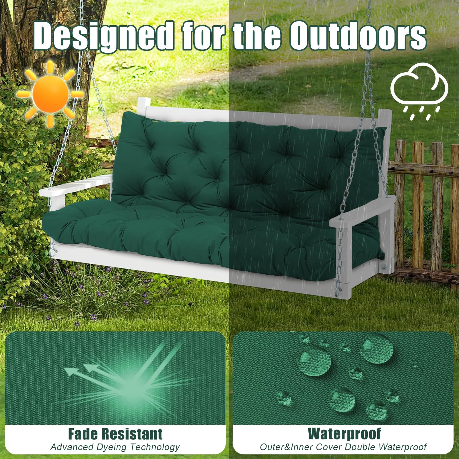 Amdieu Cojín para columpio de jardín de 3 plazas, impermeable, con respaldo y 8 lazos, 12 cm de grosor, cojín de repuesto para muebles de exterior, jardín, columpio, porche, patio (verde oscuro, 150 x