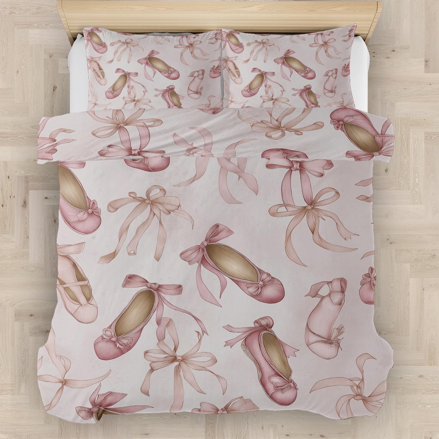 Ballet Shoes Duvet Cover King Size Pink Girls Bedding, Ribbon Bow Comforter Cover Set Microfiber 3pcs Washed Comfy Breathable with 2 Pillow Shams & Zipper Closure, 104"x90", qd025