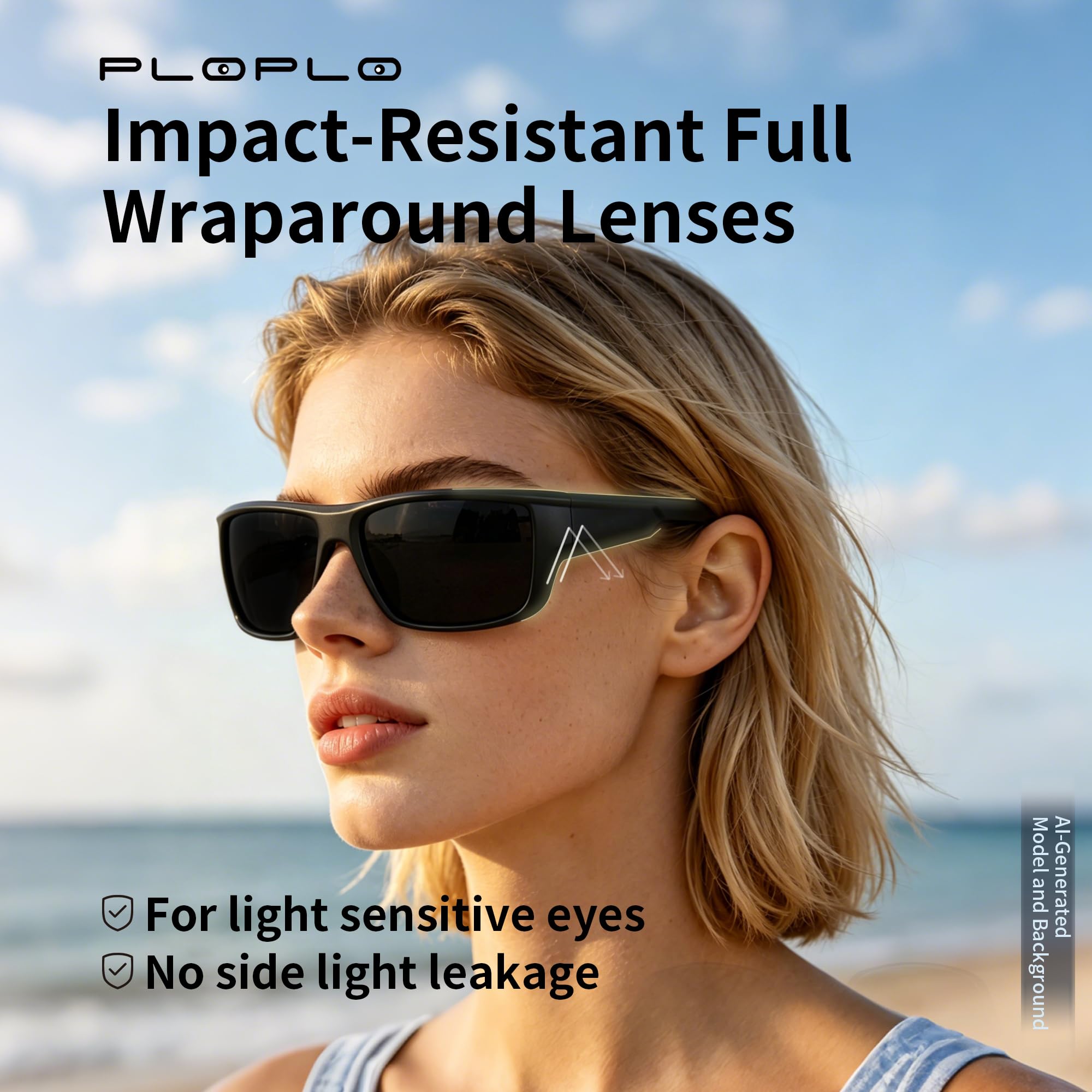 PLOPLO Polarisierte Sonnenbrille, Biker-Fahrer, zum Umwickeln, Sport-Sonnenbrille, UV400-Schutz, für empfindliche Augen, super Dunkelschwarz, mattschwarz, Oversized