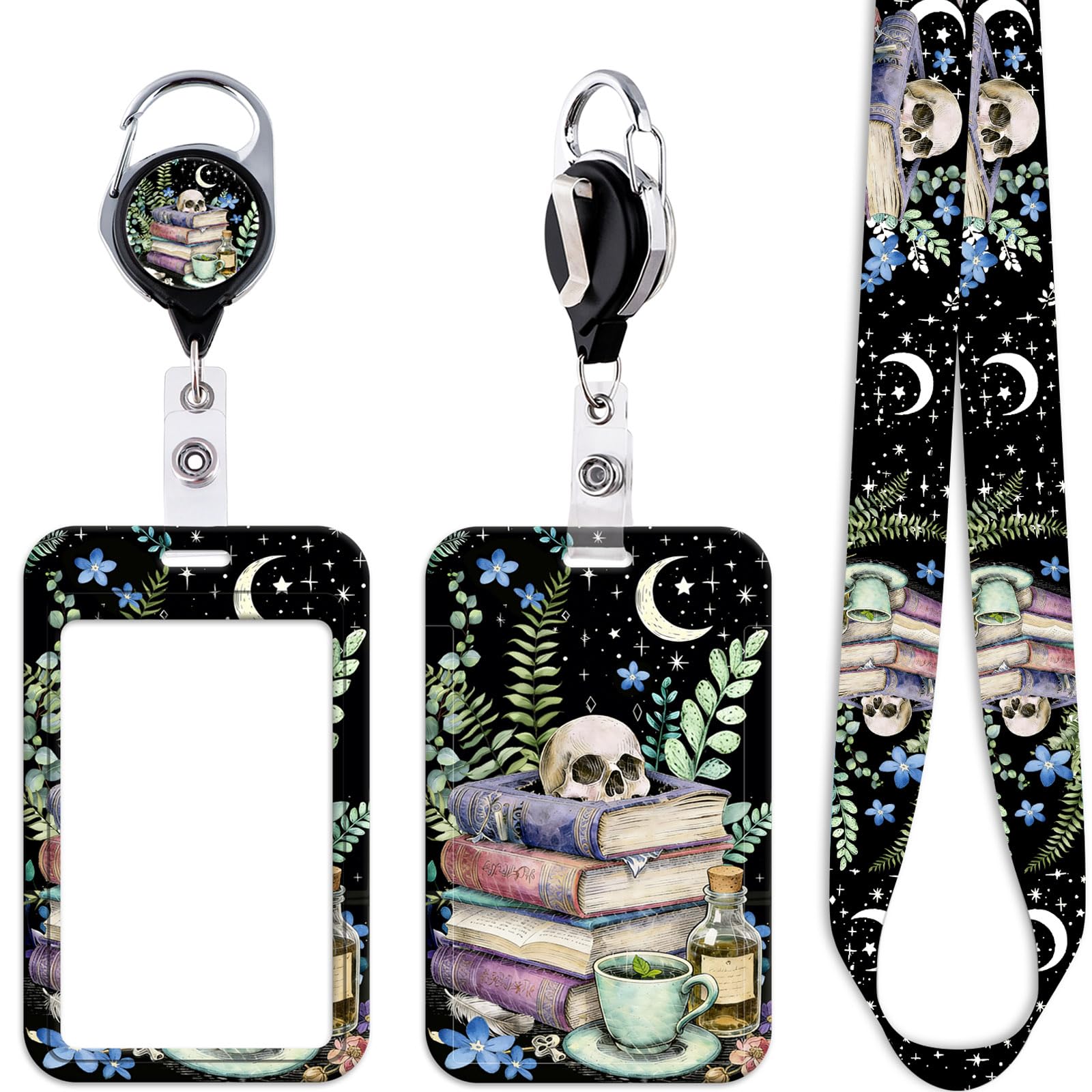 Cool Skull & Books Badge Reel with ID Card Holder Lanyard Star Keychain Heavy Duty Retractable Badge Holder Reel Clip Black Lanyard ID Holder for Keys Name Tag,for Office Nurses Staff & School ID — image 1
