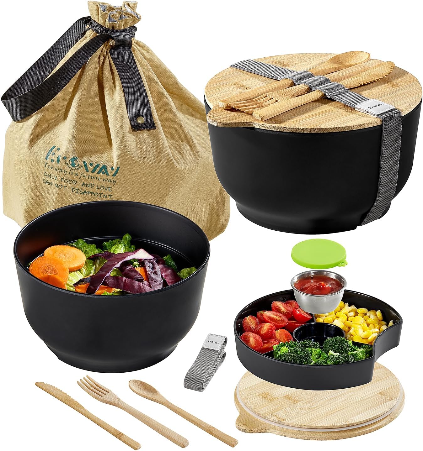 Bamboo Salad Bowl with Lid, 78oz All-in-One Salad Container, Leak-Proof Sauce Container Removable Bento Tray, Bamboo Utensils, Dishwasher Safe, Ideal for Office, Gym, Picnics & Camping, Black Bamboo Salad Bowl with Lid, 78oz All-in-One Salad Container, Leak-Proof Sauce Container Removable Bento Tray, Bamboo Utensils, Dishwasher Safe, Ideal for Office, Gym, Picnics & Camping, Black