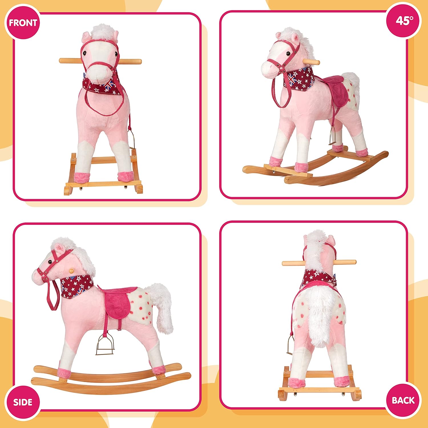 Crеаtіvе Prоduсt SpecialYou Rocking Horse Wooden Plush Stuffed Animals Toy -Set of 2, Boy Girl Kids Ride on Toys for 1+ Years Old, 29 Lx12 Wx29 H, Pink