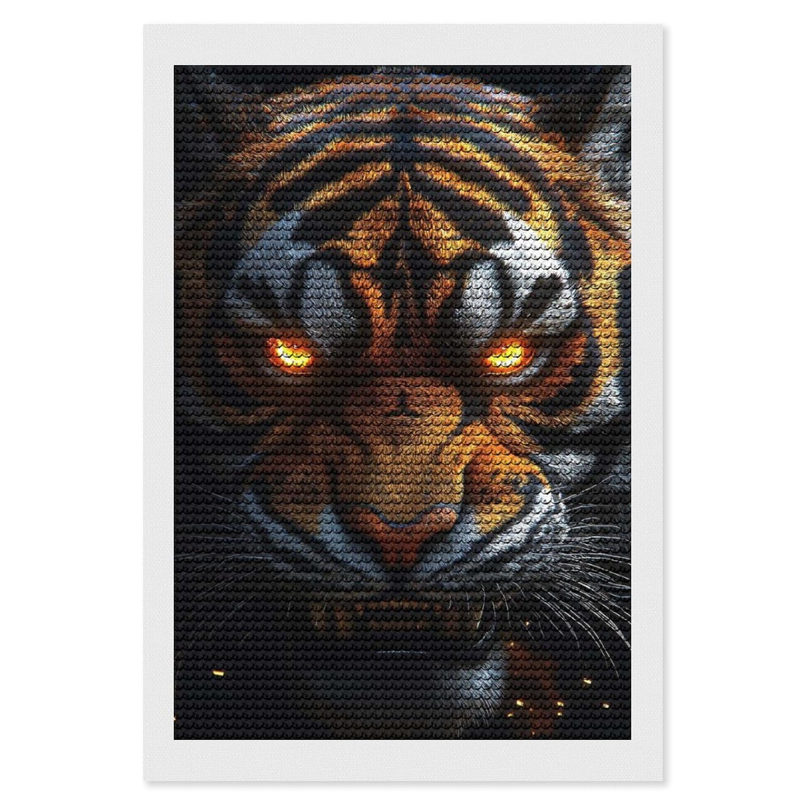 Junmoney Intense Tiger Portrait with Glowing Eyes Diamond Painting Set 8"x12", Holiday Gift Idea, for Creative Relaxation, Fun Craft Experience, Vintage Style Decor