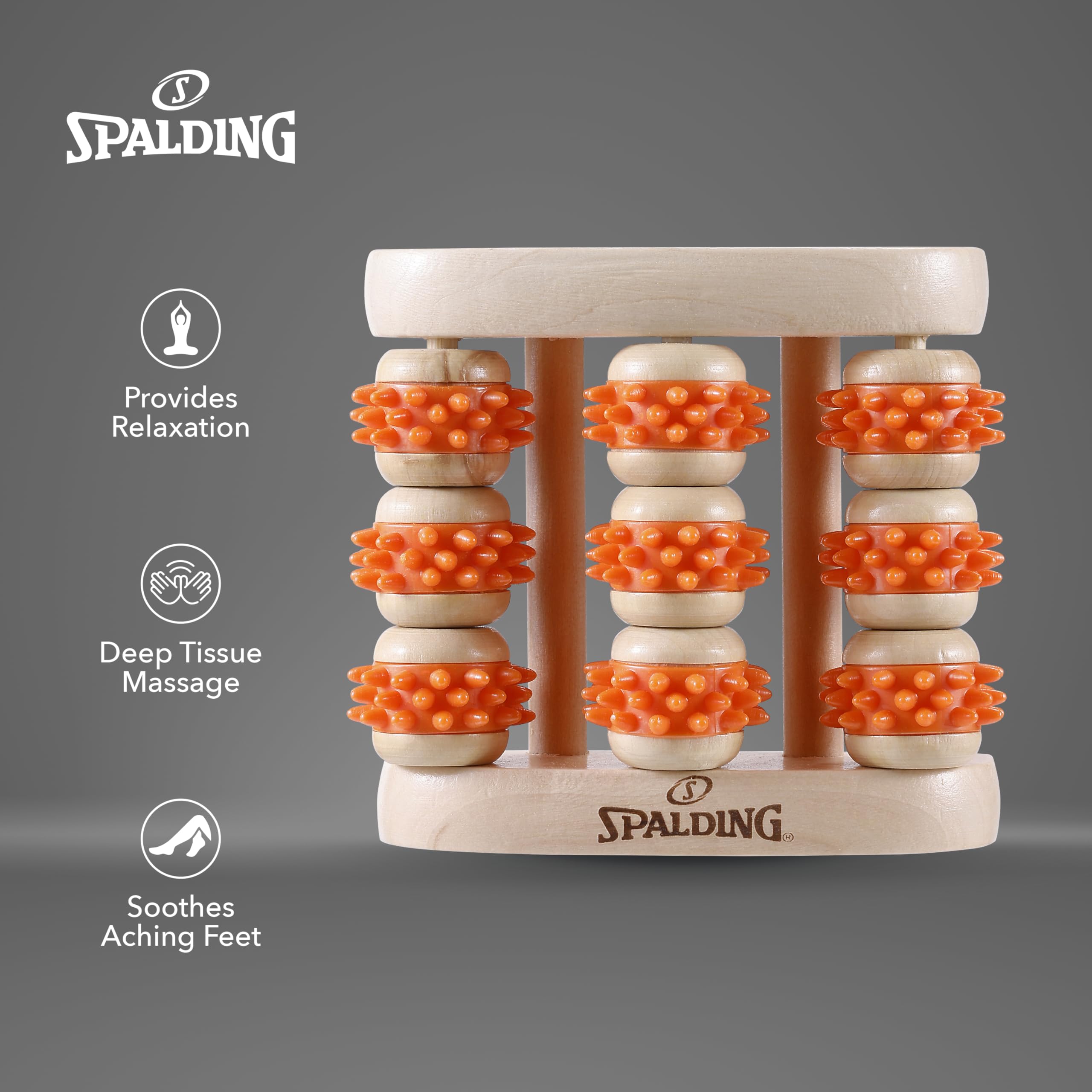 Spalding - Fußmassagegerät, Holz Triple Bar Rollen, Stressabbau & Entspannung für Füße & Fußgewölbe (Beige/Orange)