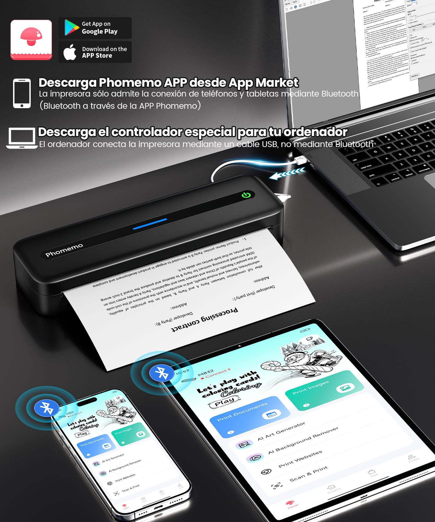Phomemo Impresora Termica A4, M832 Impresora Portátil Inalambrica Compatible con Smartphone y PC, para Viajar, Familia, Estudio, con Maletín de Transporte y 4 Rollos de Papel Térmico, Negro