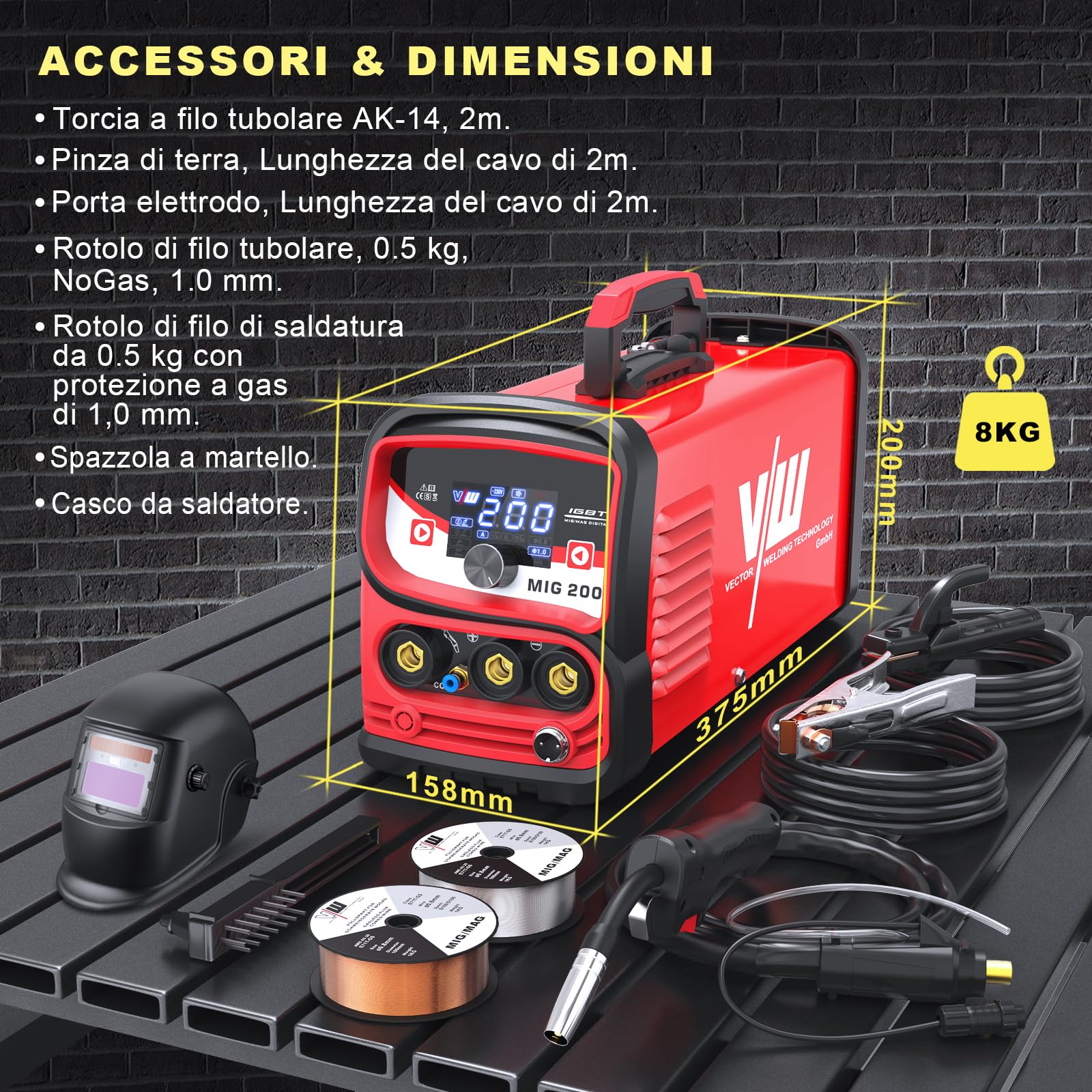 Saldatrice a Filo Continuo 4-in-1 MIG/MAG/MMA/LIFT TIG, saldatrice filo continuo no gas e con Gas con Display Digitale, Macchina Saldatrice Portatile Professionale - VECTOR WELDING