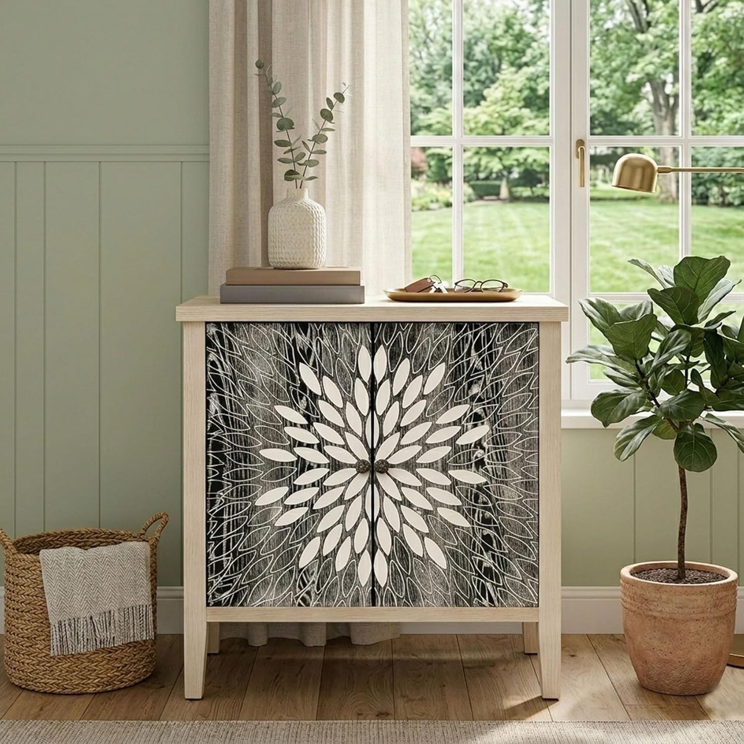 31.5" Modern Black Accent Cabinet with Leaf Carved Doors, Dark Wood Sideboard Buffet with Adjustable Shelf, Decorative Entryway Storage Cupboard, Black Finish