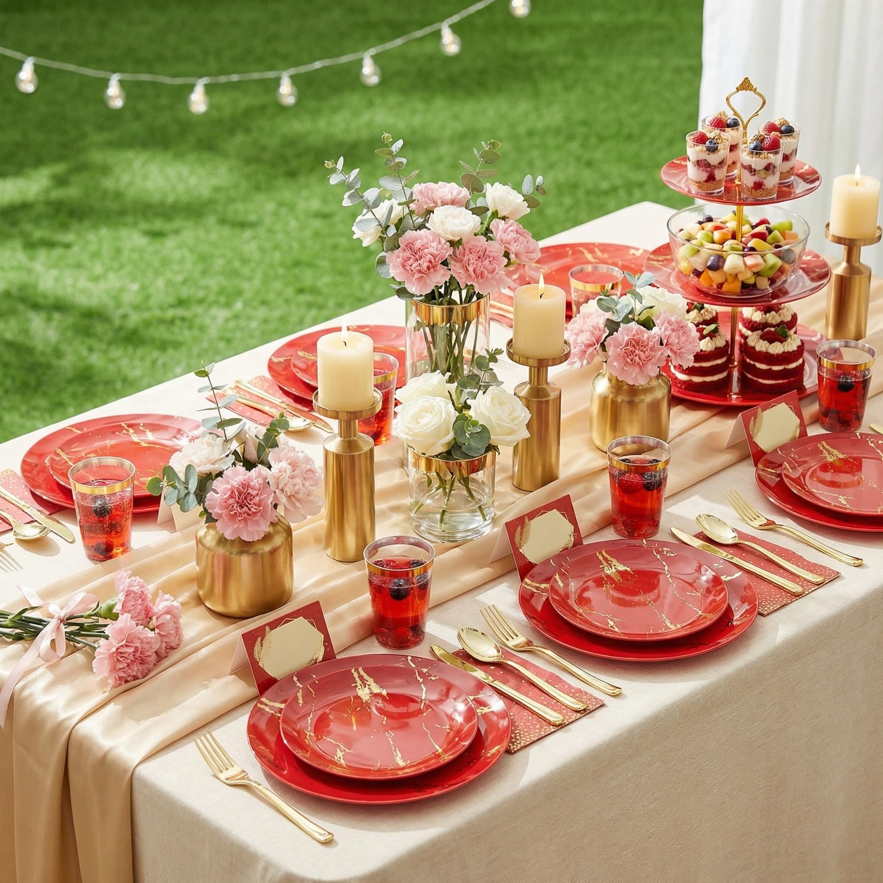 Amazon.com: N9R 225PCS Red Gold Plastic Dinnerware Set