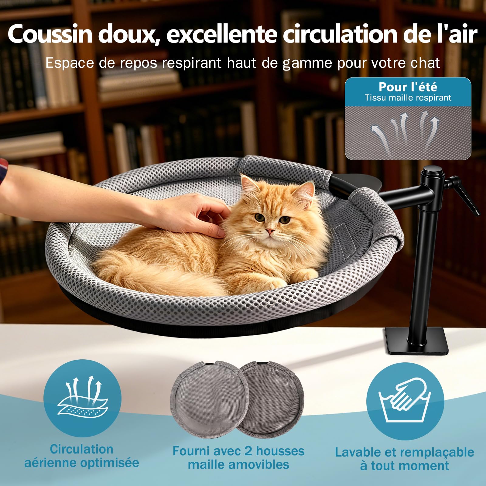 Panier Chat Bureau Réglable en Hauteur | Lit de Bureau pour Chat Rotation de 360° Lit pour Chat avec 2 Housses en Filet Amovibles Hamac pour Bureau Jusqu'à 20KG, Gris