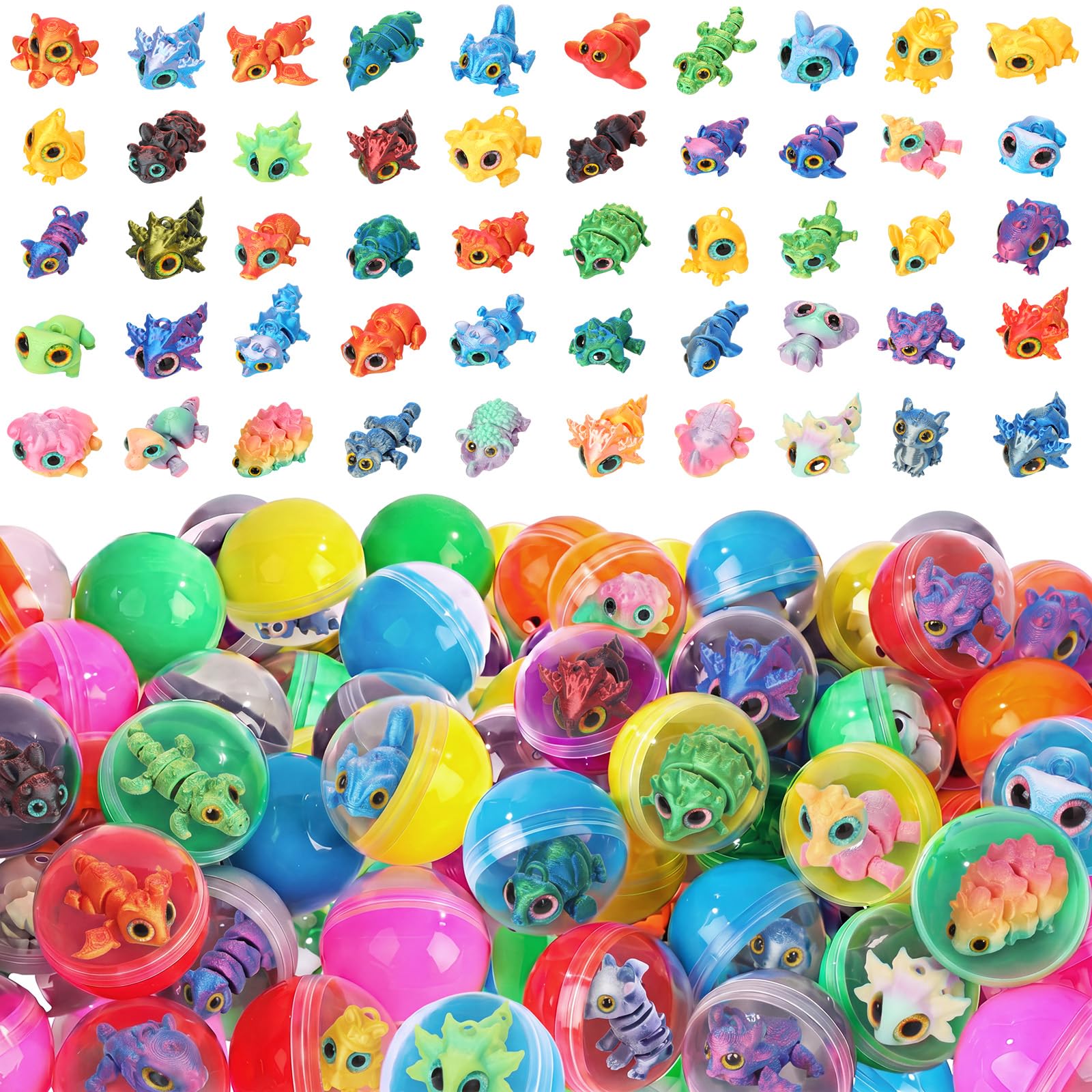 Set di 50 mini animali stampati in 3D con 50 capsule, mini figure di animali, per alleviare l'ansia, per distributori automatici di gomme da masticare, premi in classe, regali di Carnevale