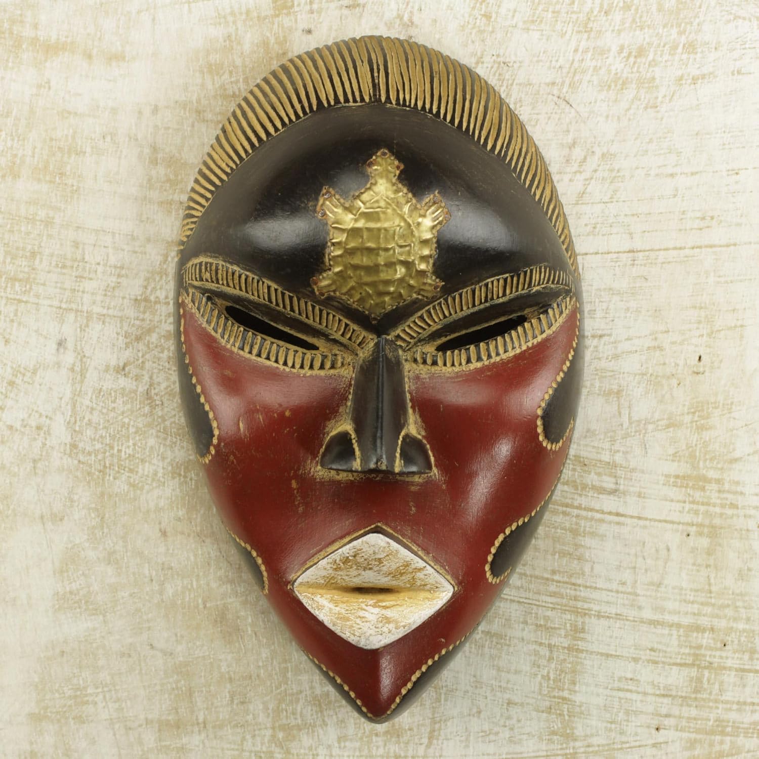 NOVICA Artisan Handmade African Wood Mask Sese Turtle in Red Black from Ghana Gold Tone Woodbrass Masks Ghanaian Animal Themed Rustic [9.25in H x 5.75in W x 3in D] ' Rustic Tortoise'