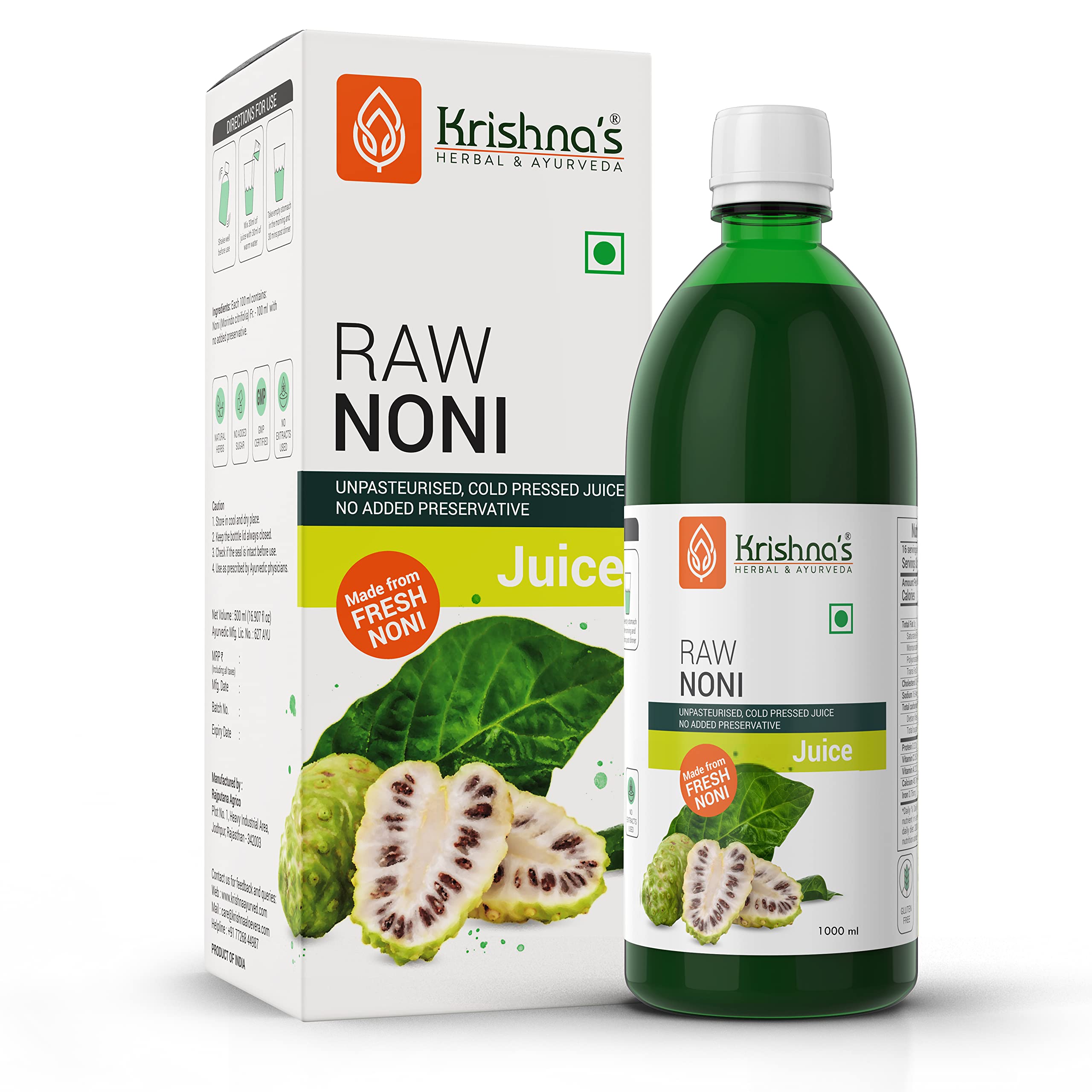 KRISHNAS HERBAL & AYURVEDA Raw Noni Juice-1000 Ml|Preservative Free|No Added Thickener Color Or Flavor|Sugar Free Juice|Enhance Energy|Made With Fresh Noni Fruit (Morinda Citrifolia) (B096RVW5QY) Amazon Price History, Amazon Price Tracker