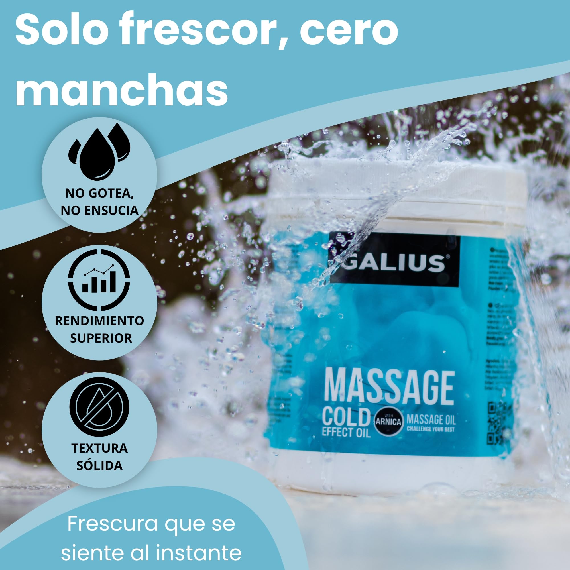 Galius - Aceite Esencial Sólido Efecto Frío - Aceites Esenciales para Profesionales del Masaje y Deportistas - Aceite Corporal con Arnica - Alivio Estrés y Tensión Muscular - Aroma Refrescante 1000ml