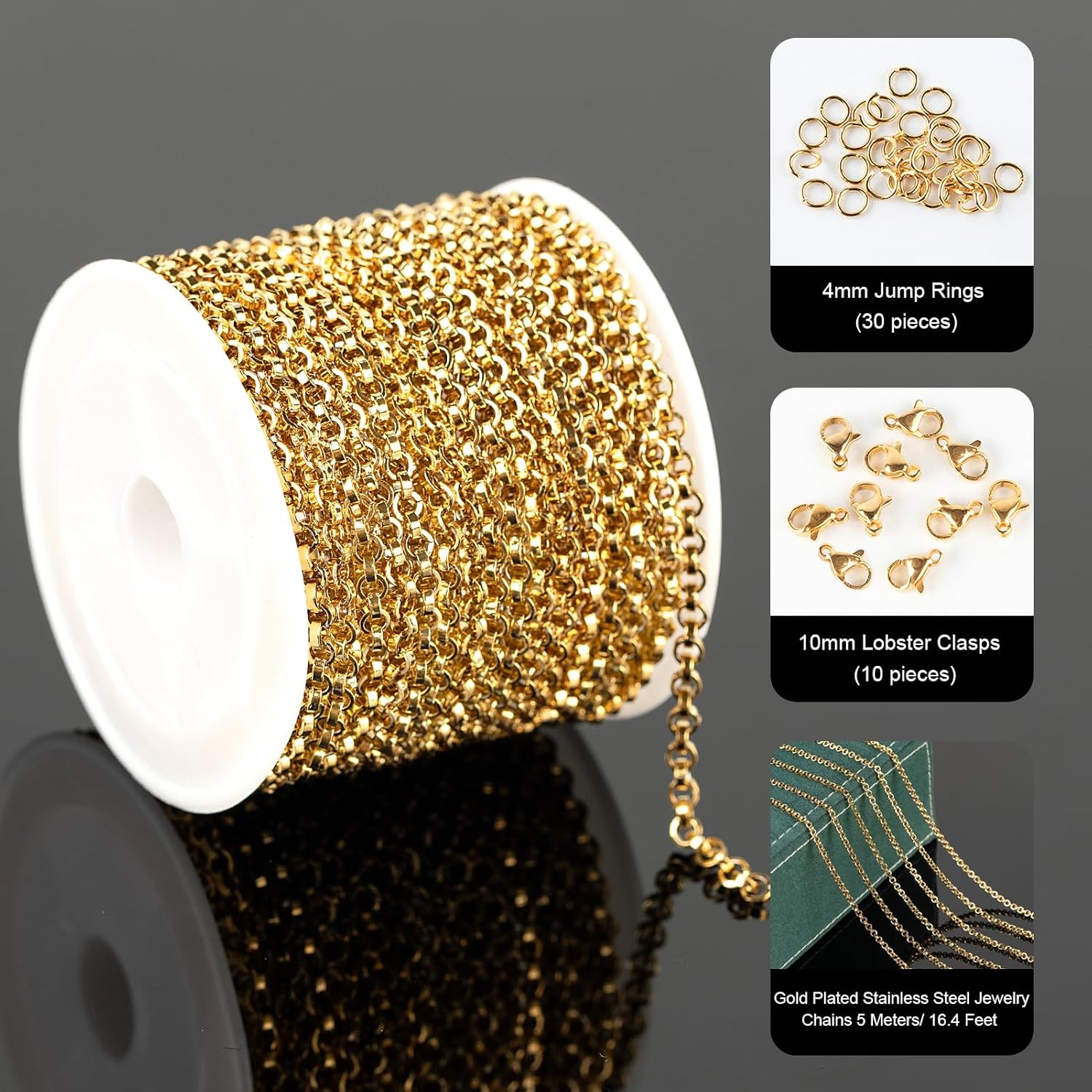 UMAOKANG 16.4 Feet Gold Plated Chain for Jewelry Making Stainless Steel Chains Bulk Flat Circle Link Chain Men and Women Necklace Bracelet DIY Jewelry Findings - Image 2