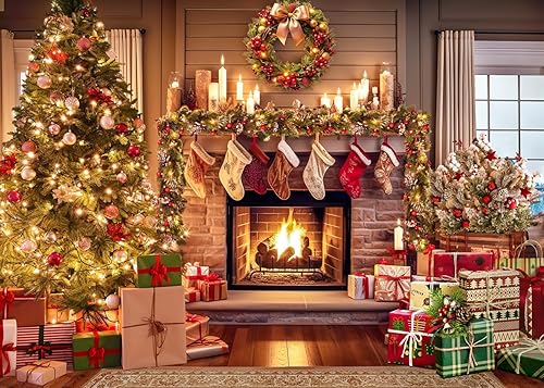 SJOLOON Telón de fondo de chimenea de Navidad con árbol de Navidad, fondo de Navidad para decoración de fiestas, reuniones familiares 12814 (7 x 5