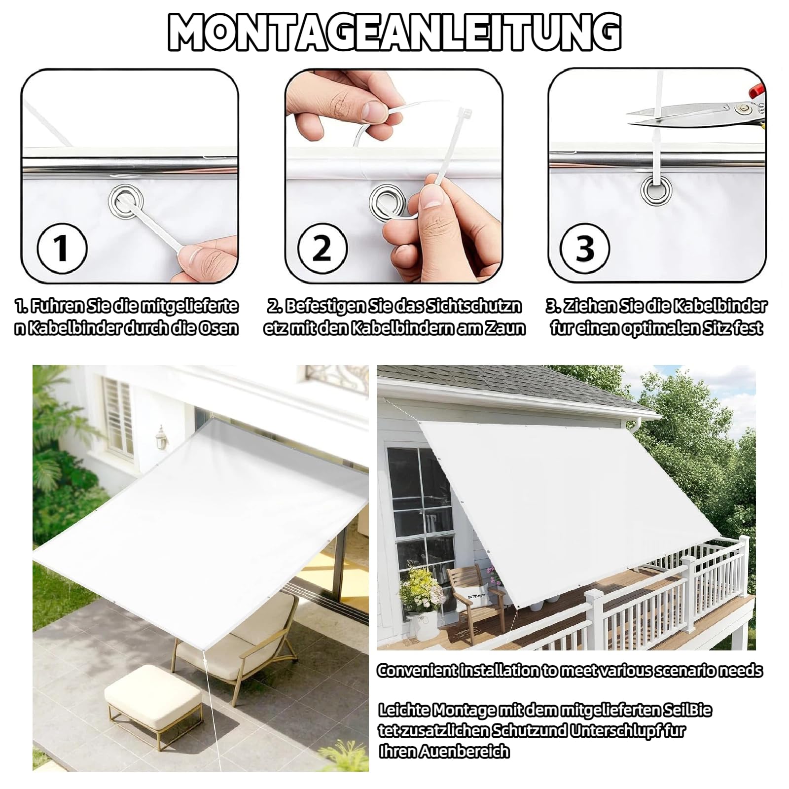 Sonnensegel Wasserdicht Rechteckig mit Ösen 4.5x9m Sonnenschutz Terrasse UV-Schutz, Wetterfest, 100% Polyester Markisenstoff Sonnensegel Balkon für Outdoor Innenhof Pergola Pool, Weiß