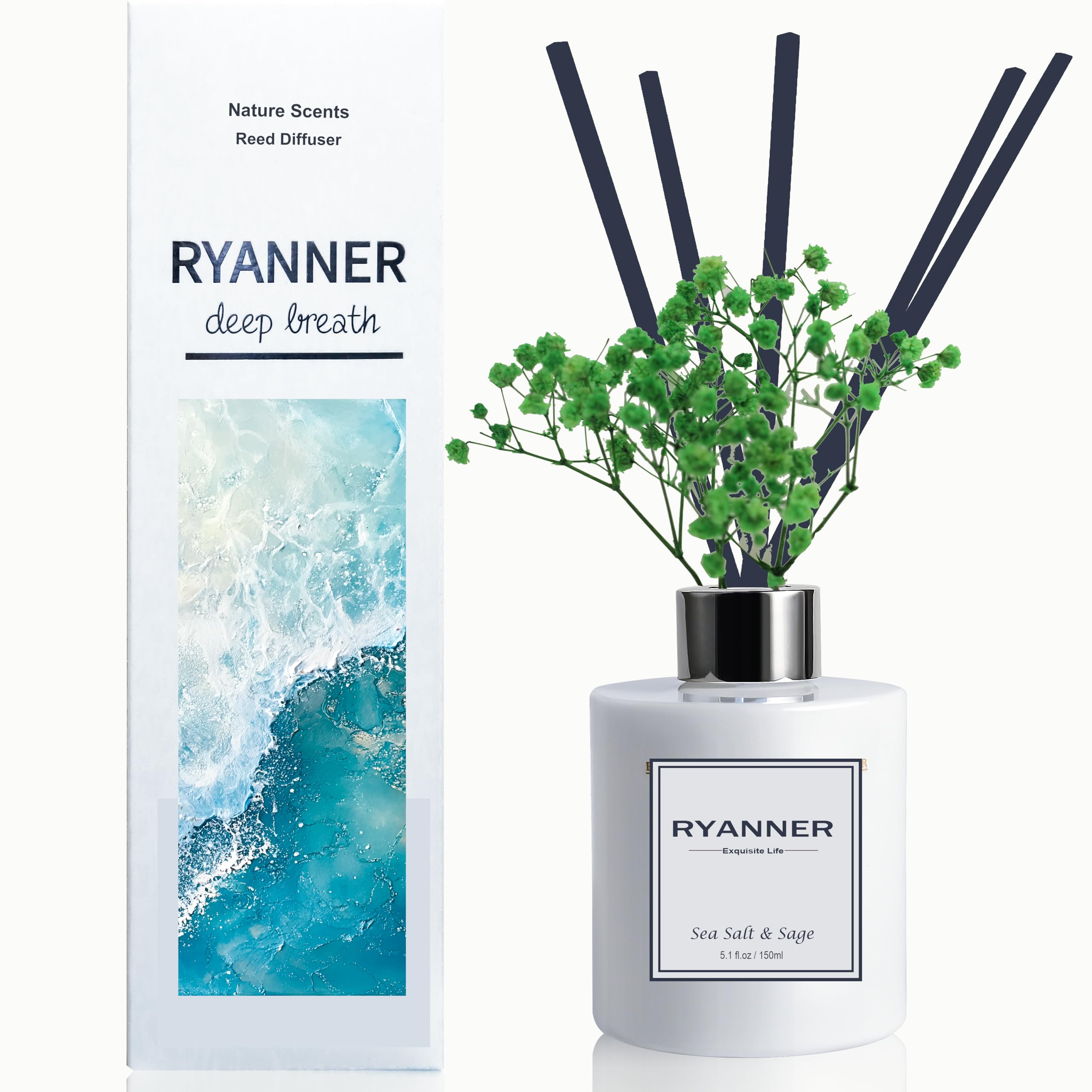 RYANNER White Bottle Reed Diffuser Set (Sea Salt&Sage)