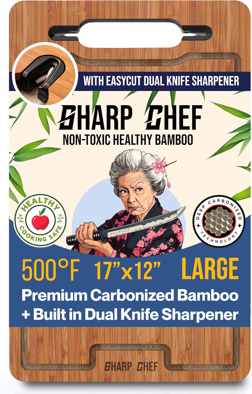 Deep Carbonized Bamboo Cutting Board, Dual Sharpener – 17x12in Large Wood Cutting Board with Juice Groove, Non toxic, Giftable – Durable & Reversible Wooden Chopping Block for Kitchen