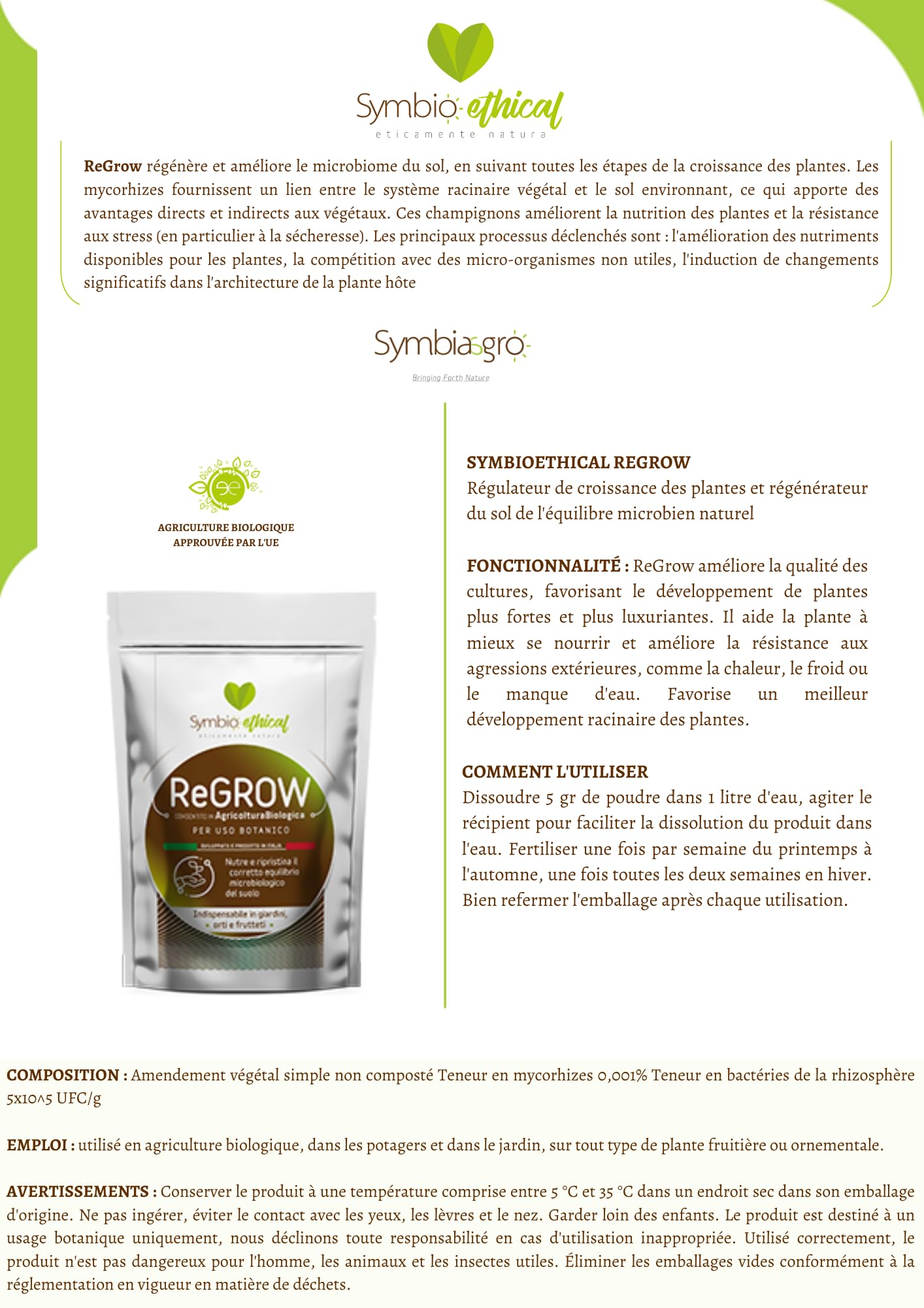 SYMBIOETHICAL - REGROW Biostimulante Enraizante para Plantas y Huertos, con Micorrizas y Microrganismos PGPR, para Agricultura Ecológica, Made in Italy, 500 gr