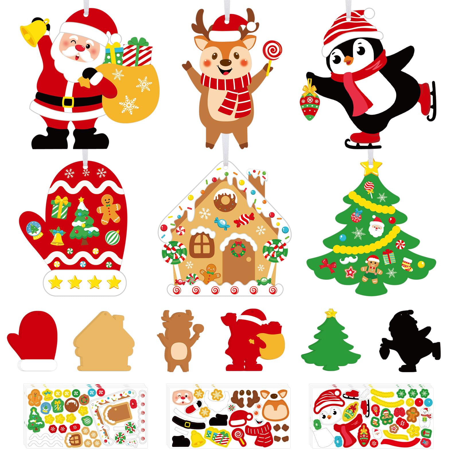 DIY Christmas Craft Kits for Kids, 24Pcs Christmas Tree Ornaments Hanging Craft DIY Santa Claus Gingerbread House Crafts Kit Christmas Penguins