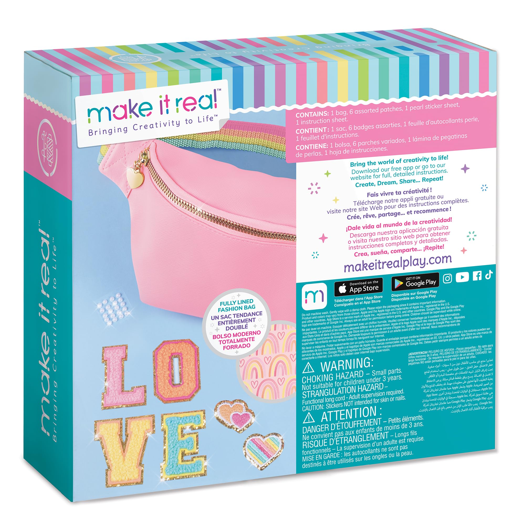 Make It Real: Modna torba nerka z naszywkami - 9 szt., różowa torba na zamek błyskawiczny z tęczową opaską, personalizacja DIY, łatki miłosne, nastolatki, dziewczęta i dzieci w wieku 8+