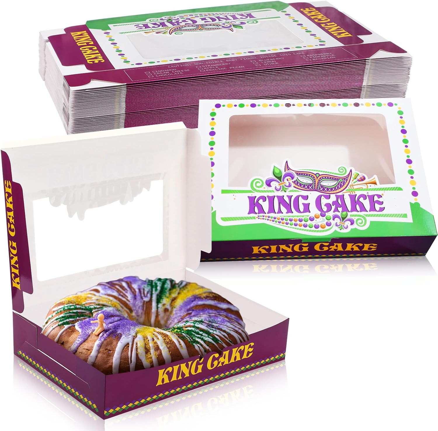 Ctosree 24 Pcs Mardi Gras King Cake Boxes with Window 14 x 10 x 3 Inches Cake Box Rectangle Cake Box Masquerade Party Goodie Gable Boxes for Mardi Gras Cake Decorating Supplies(Round Skylight)